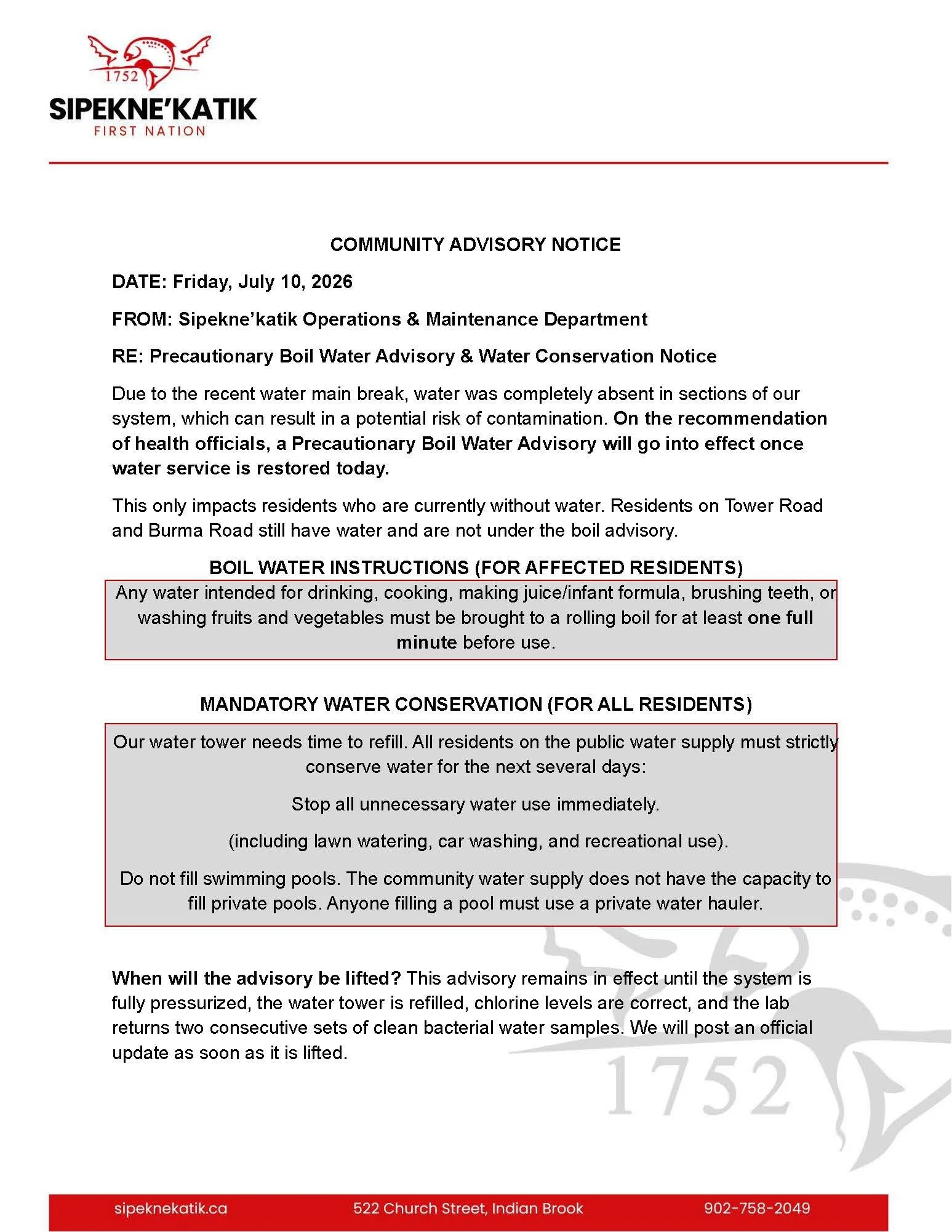 Community Advisory Notice - Precautionary Boil Water Advisory &amp; Water Conservation