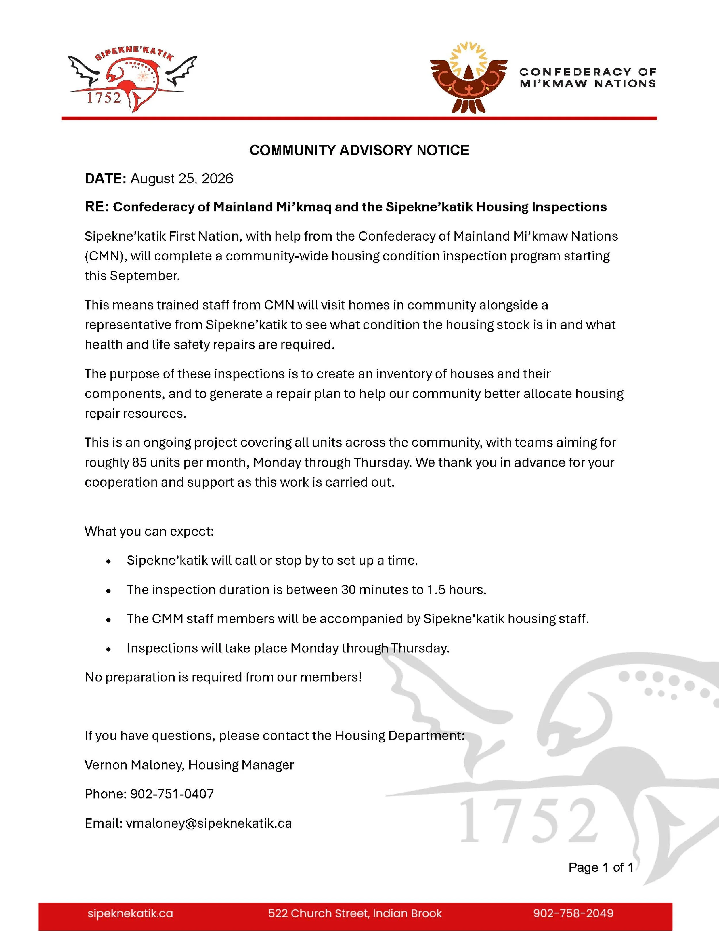 COMMUNITY ADVISORY NOTICE: Sipekne’katik Housing Inspections