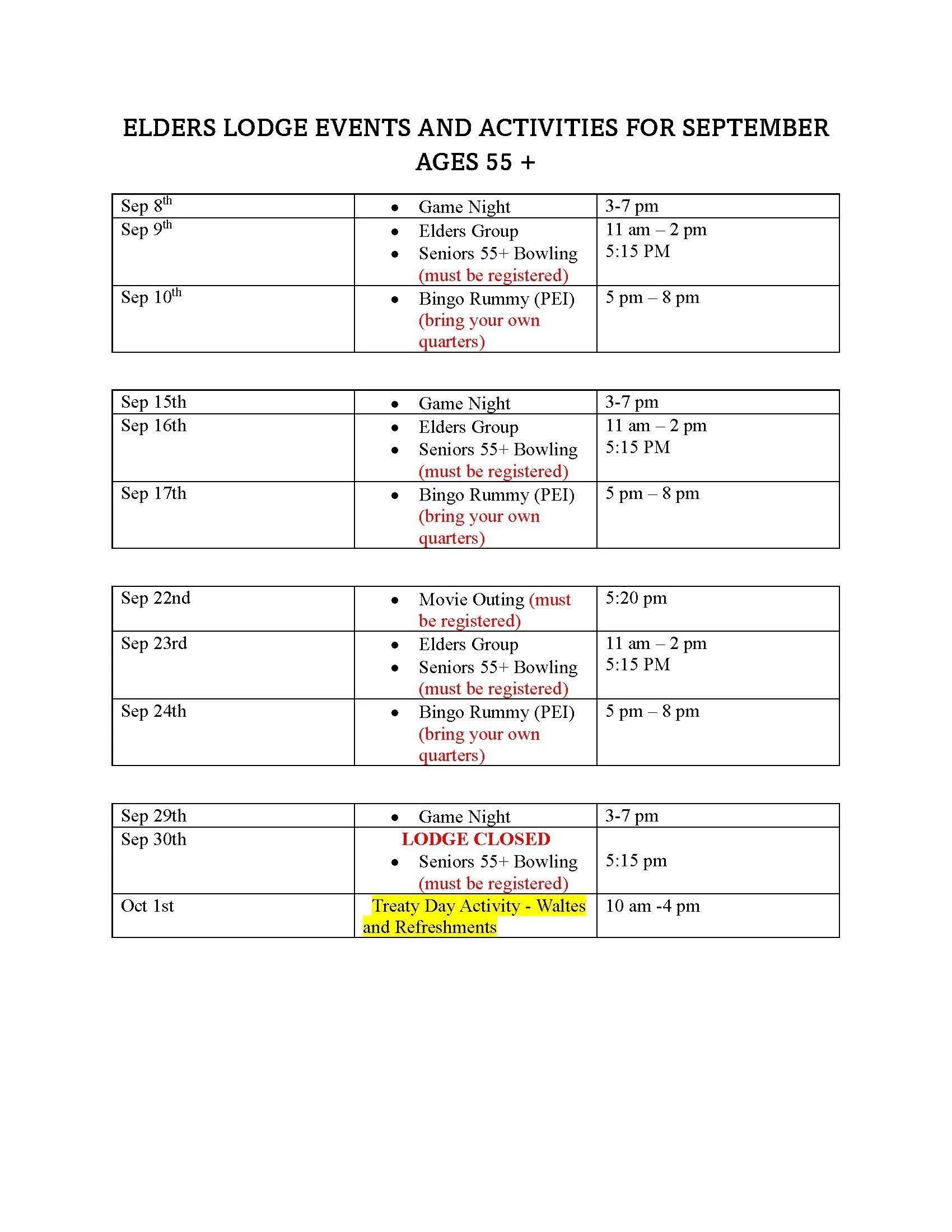 Elders Lodge: September 2026 Schedule