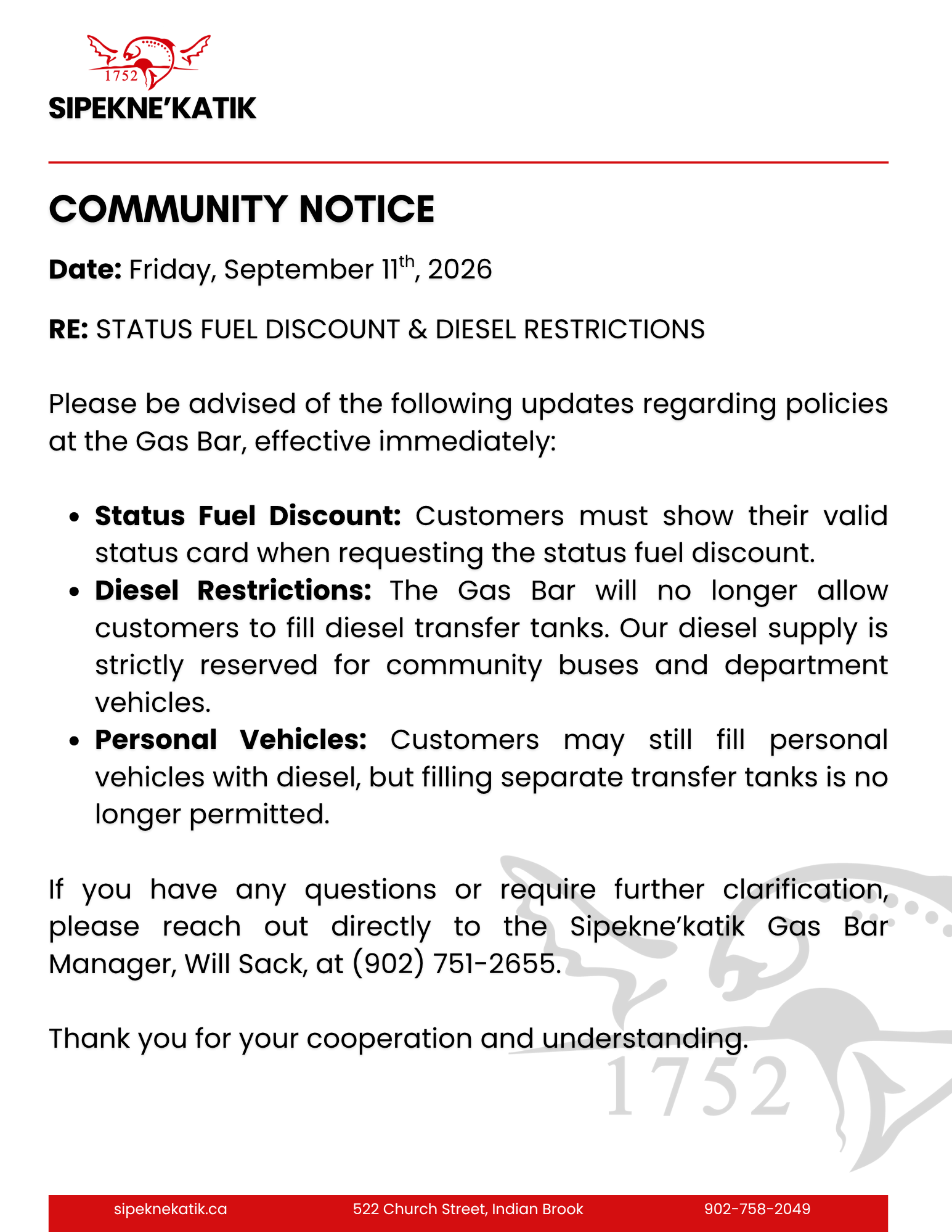 Community Notice: Status Fuel Discount &amp; Diesel Restrictions