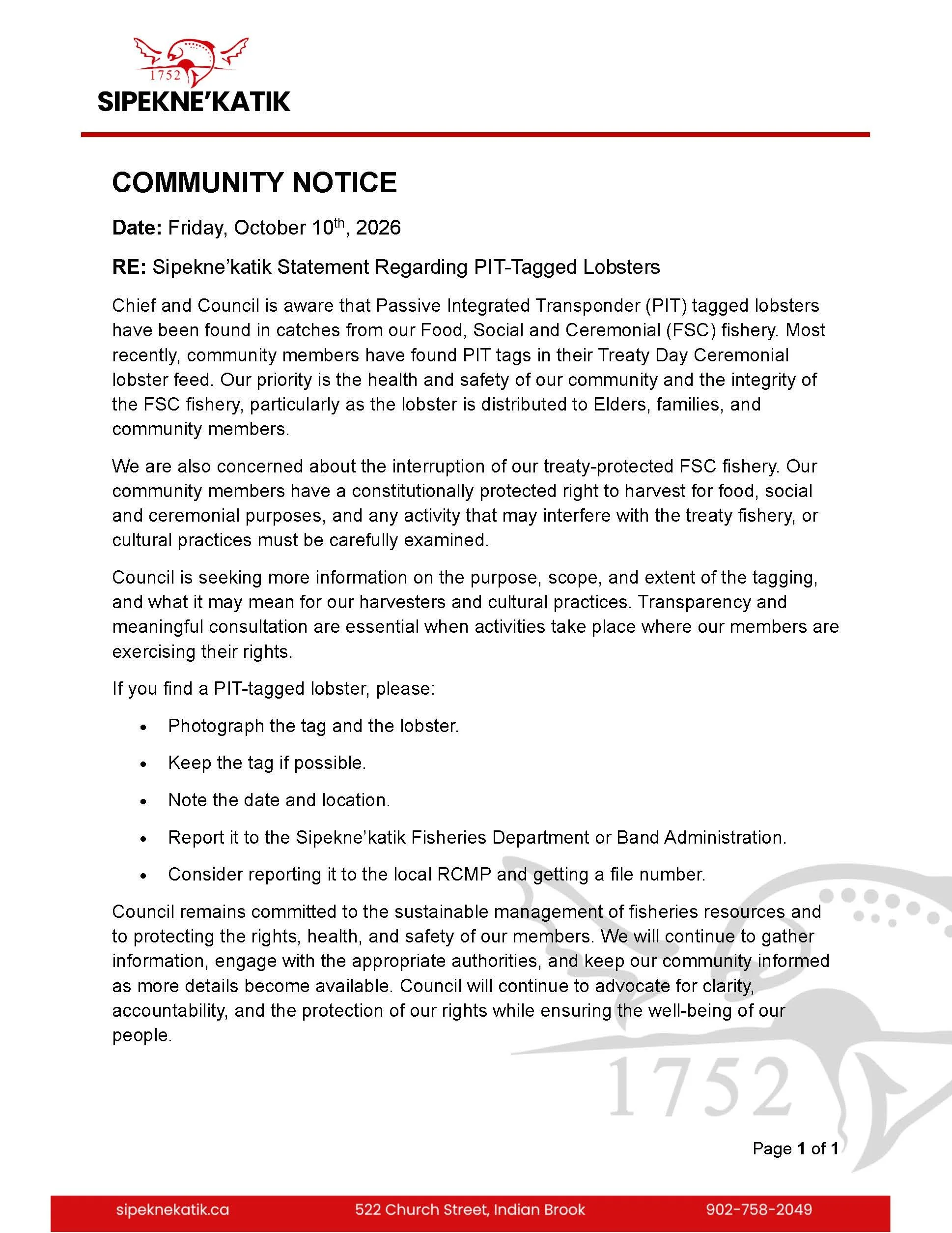 COMMUNITY NOTICE: Sipekne’katik Statement Regarding PIT-Tagged Lobsters