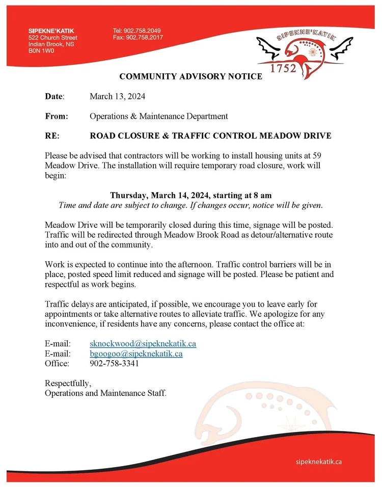 Traffic Shift Notice Example Community Advisory Notice - Road Closure & Traffic Control on Meadow ...