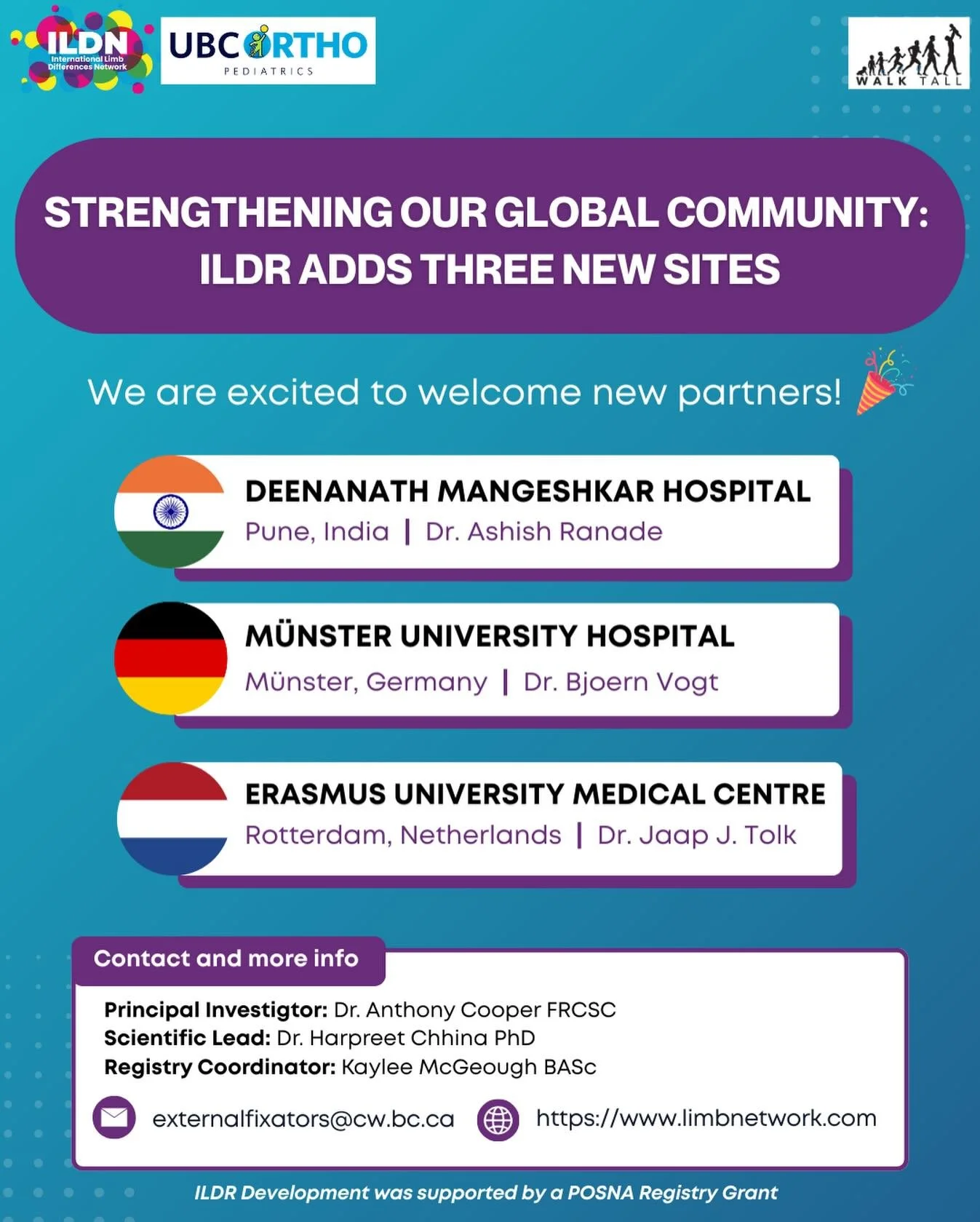 🌍 Strengthening our global community!
We&rsquo;re thrilled to welcome three new international sites to the International Limb Differences Registry (ILDR):
🇮🇳 Deenanath Mangeshkar Hospital (Pune, India)
🇩🇪 M&uuml;nster University Hospital (M&uuml
