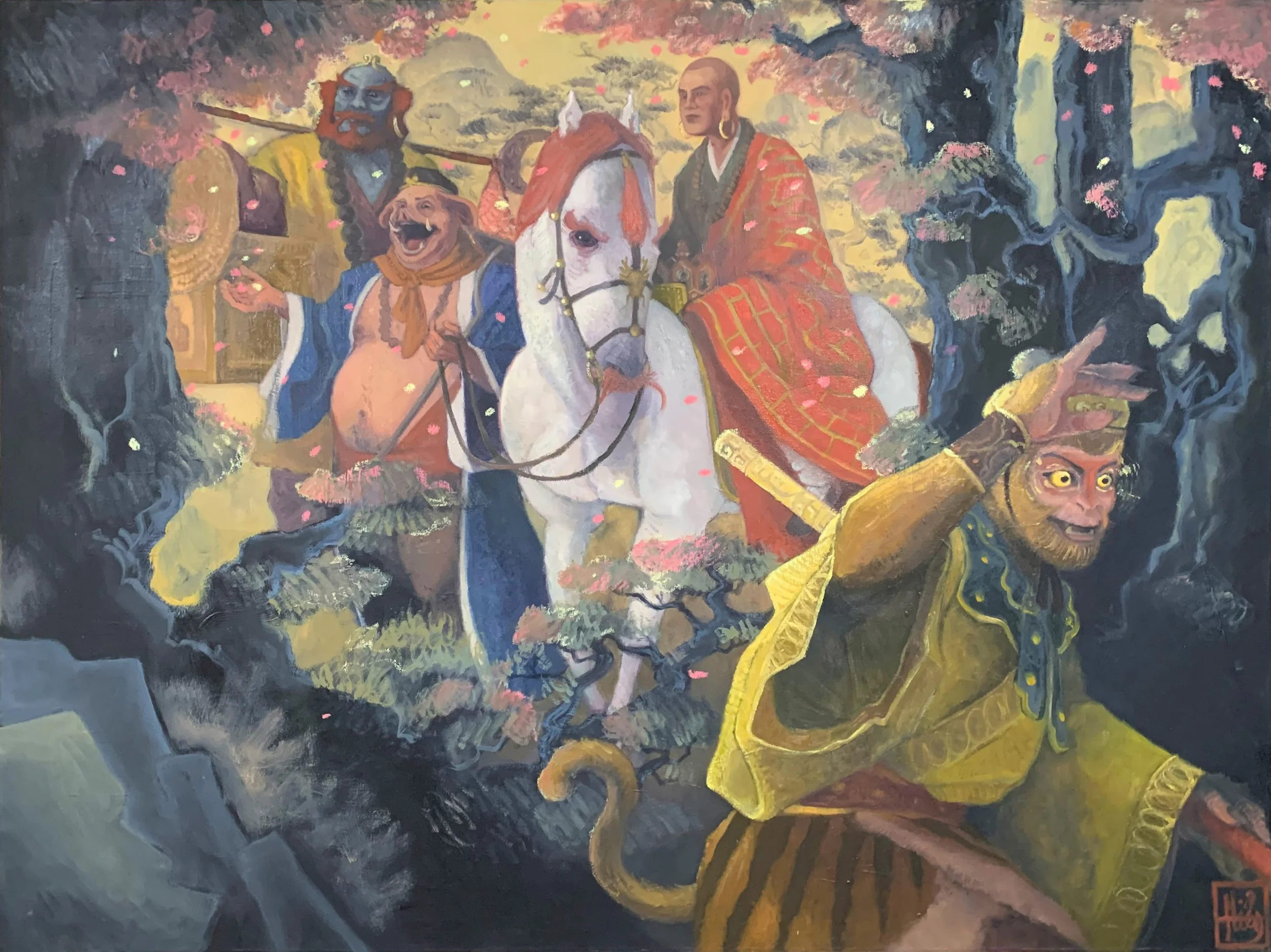 Searching Among Fallen Leaves (2025) - 34" x 46", oil on canvas, $1030.00