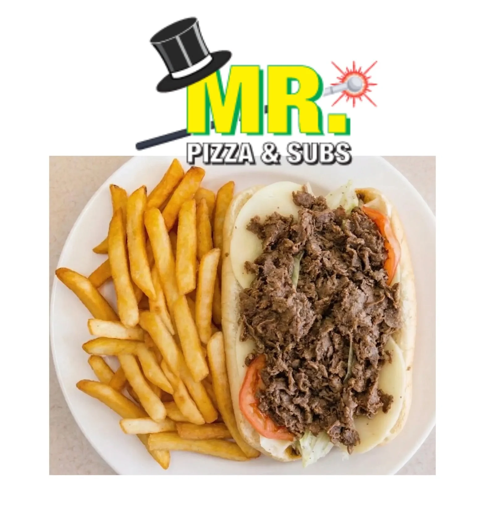 A plate of French fries and a hot hoagie sandwich with ground beef, lettuce, tomato, and cheese, with a logo for Mr. Pizza & Subs at the top.