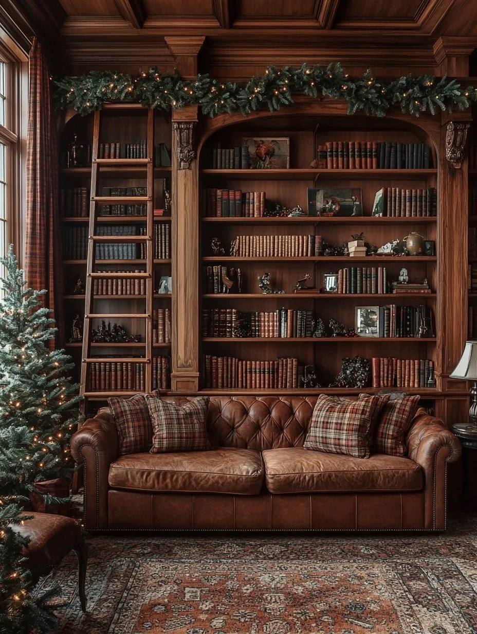 Luxury holiday fireplace with plaid stockings, greenery garland, gold candlesticks, and warm firelight against textured stone surround.jpg