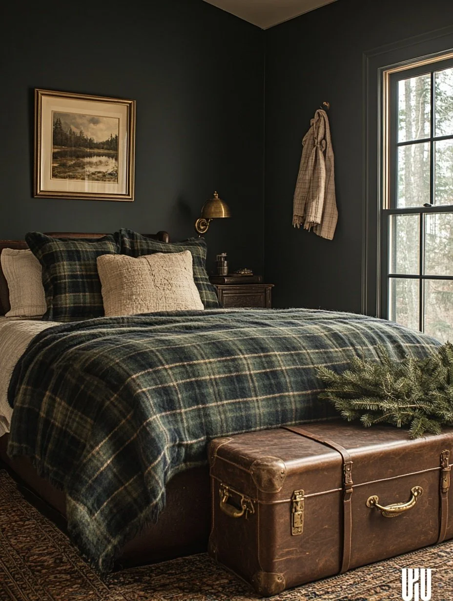 Moody cabin-style bedroom with deep green walls, plaid bedding, leather headboard, brass reading light, and evergreen holiday branch on bed.jpg