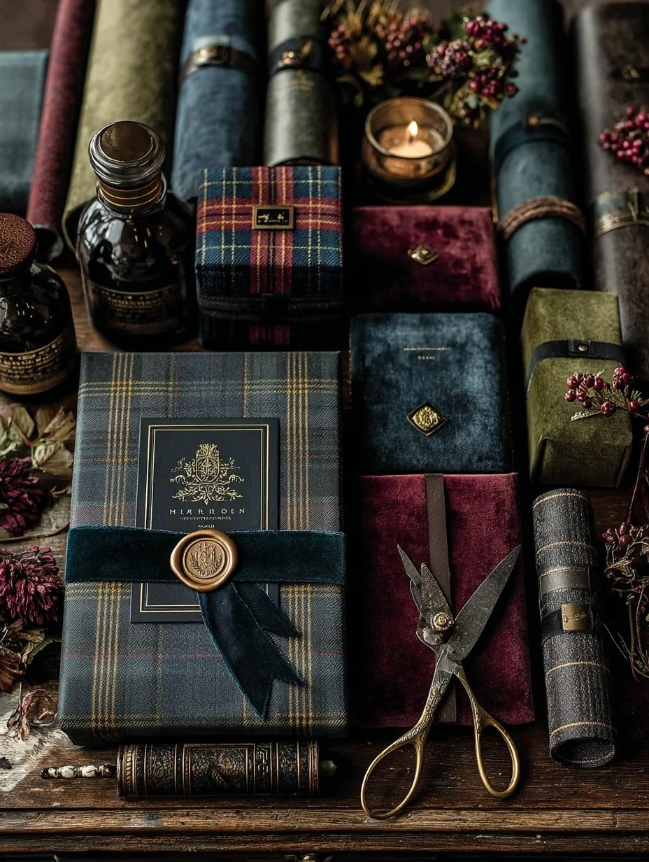 Luxury holiday flat lay featuring plaid wrapped journals, gold scissors, glass apothecary bottles, and festive greenery on rustic wood surface.jpg