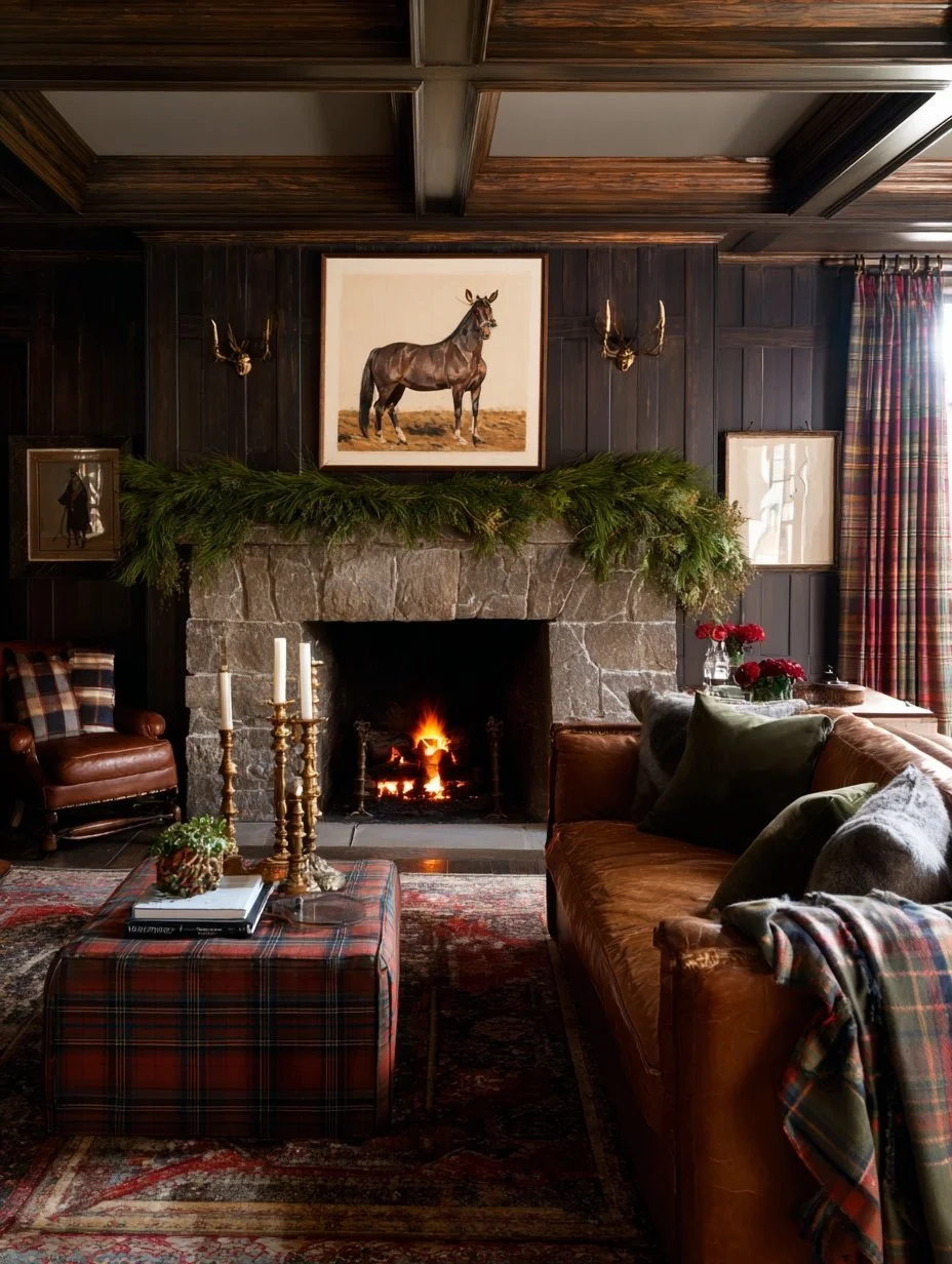 Ralph Lauren Christmas living room with dark wood paneled walls, stone fireplace, leather sofa, plaid ottoman, horse artwork, and warm holiday candlelight.jpg