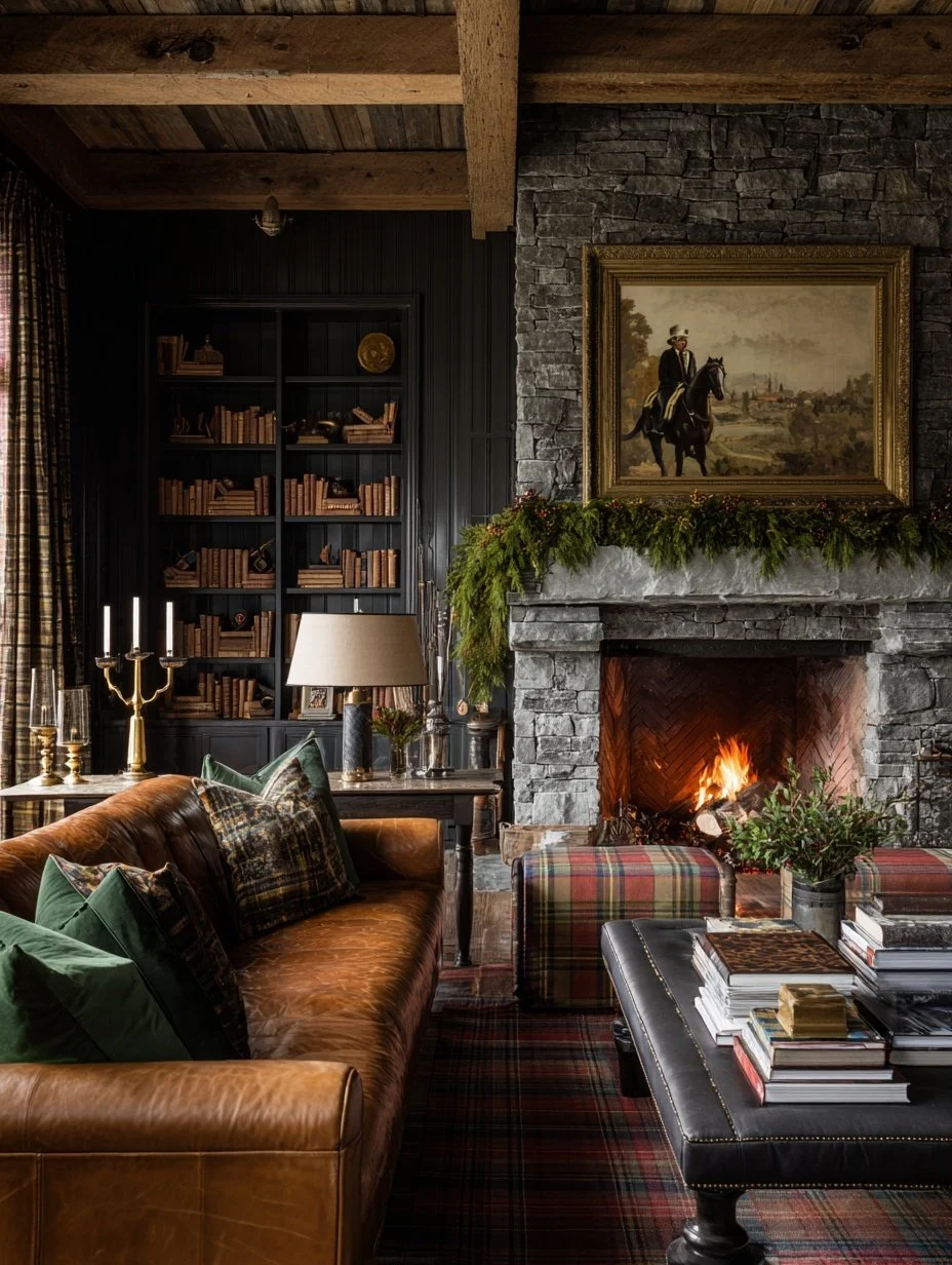 Ralph Lauren Christmas lodge living room with stone fireplace, tufted leather sofa and moody holiday lighting.jpg