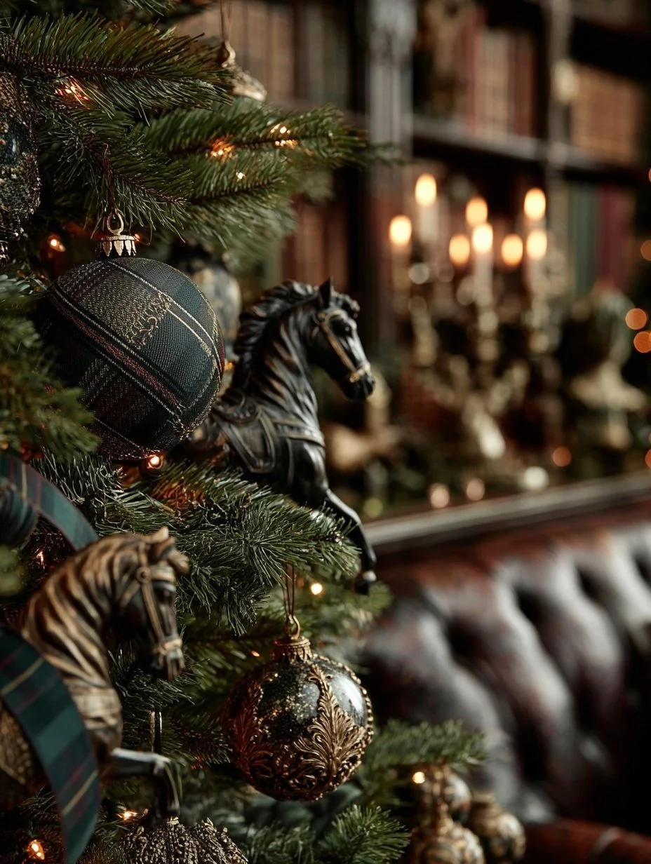 Ralph Lauren Christmas ornament styling with equestrian decor and classic holiday colors in luxury home library.jpg