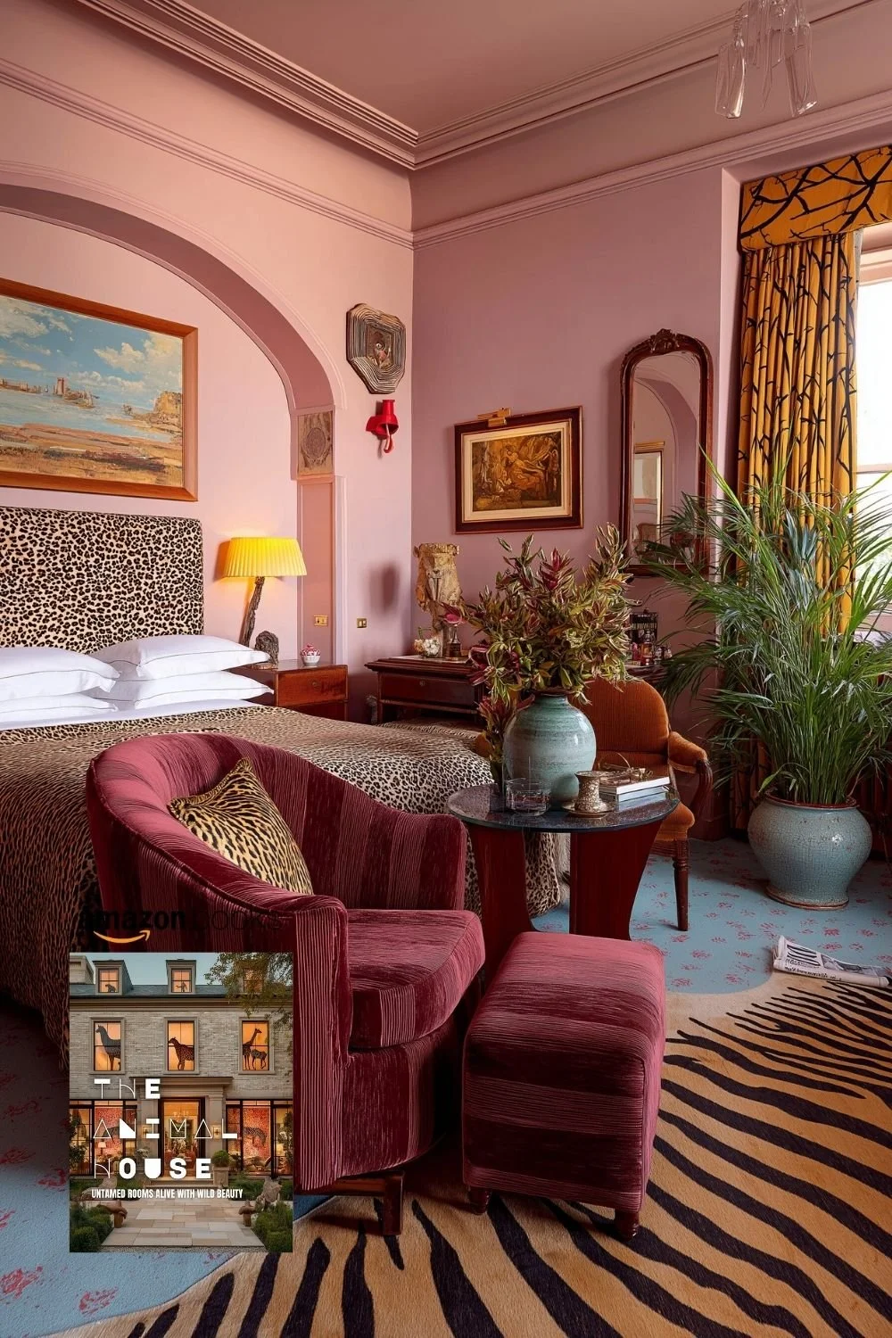 Surreal maximalist bedroom from The Animal House coffee table book by Living Bright Interiors featuring leopard print bedding, velvet seating, layered rugs, and tropical plants.jpg