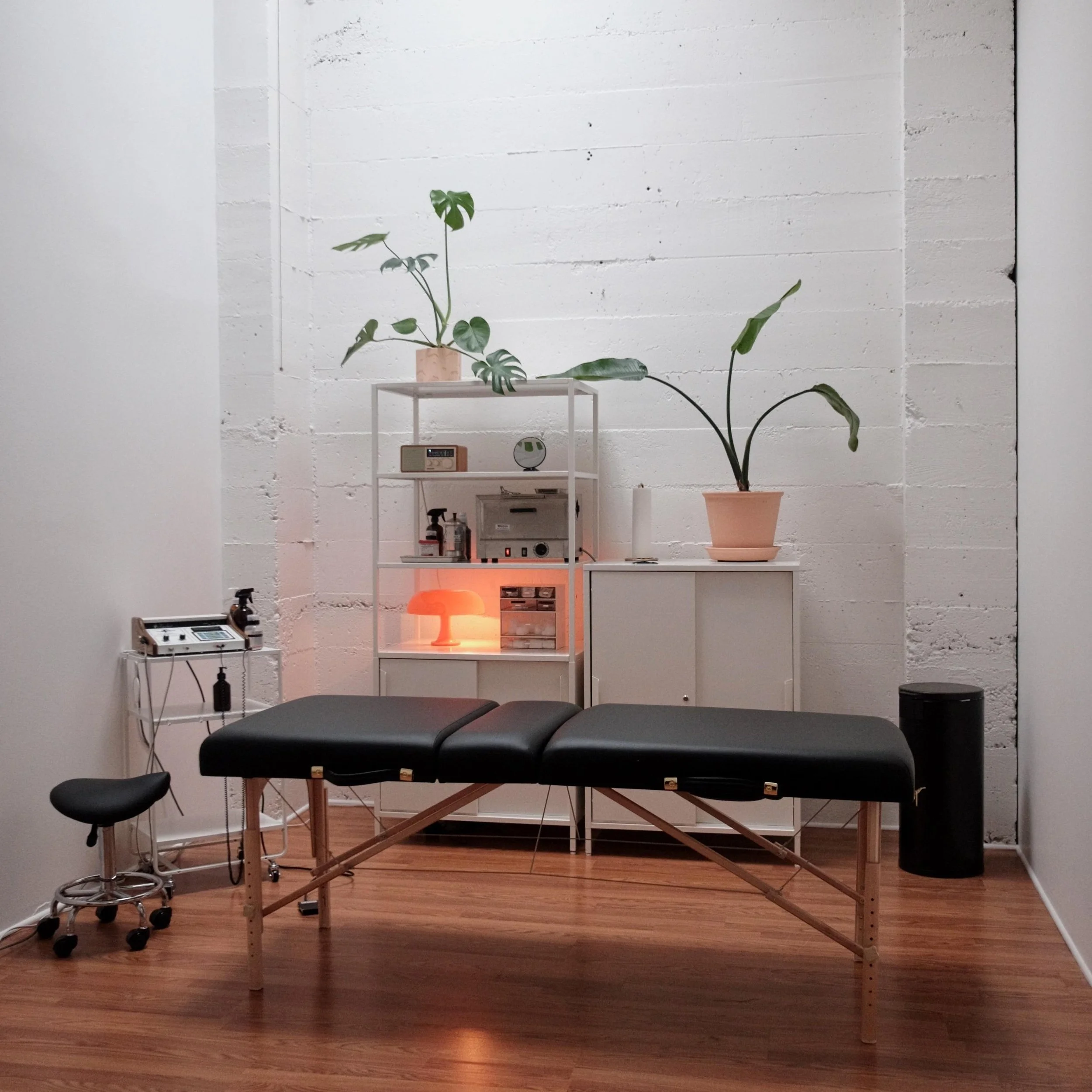 An image of The Current Electrolysis Studio, featuring a white brick wall, natural lighting, plants on shelves, and a massage bed.