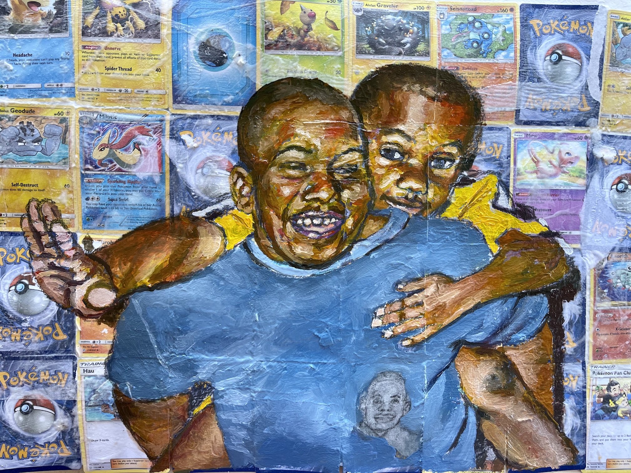 Title: Chris and Charles playing
Size: 12x15 inch
Media: oil on Pokémon cards
Year: 2020