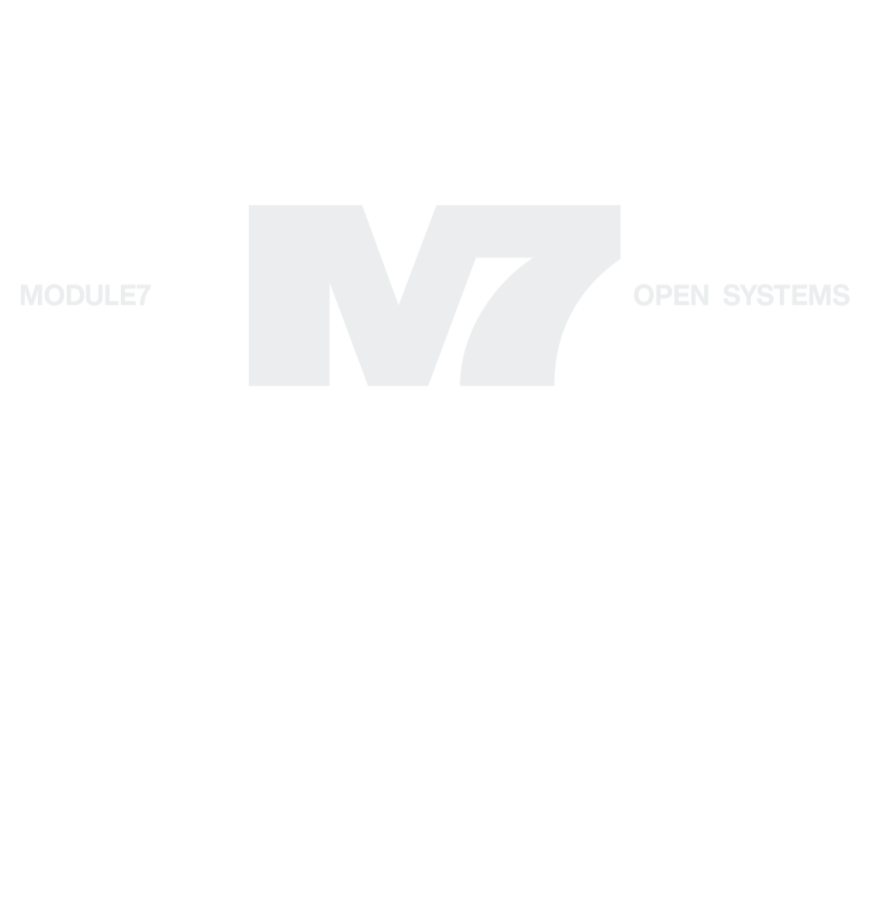 Graues Logo mit dem Text "MODULE7 OPEN SYSTEMS" in der Mitte auf weißem Hintergrund.