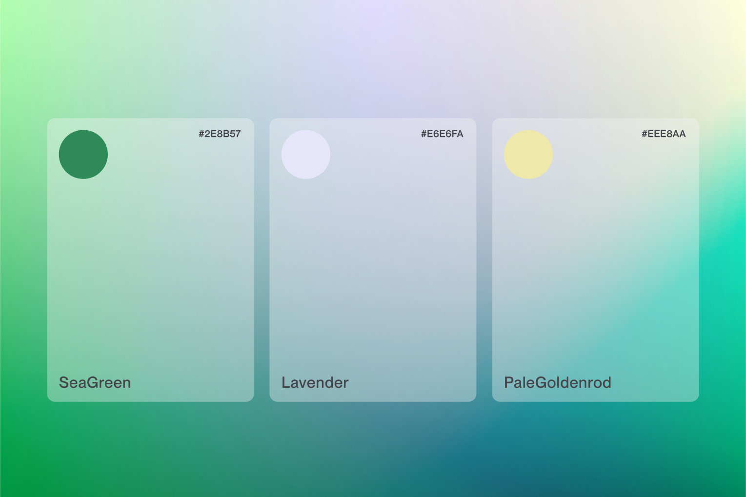 Farbpalette mit drei Farbkästchen: Meeresgrün, Lavendel, Blassgoldenrod, jeweils mit Farbcode