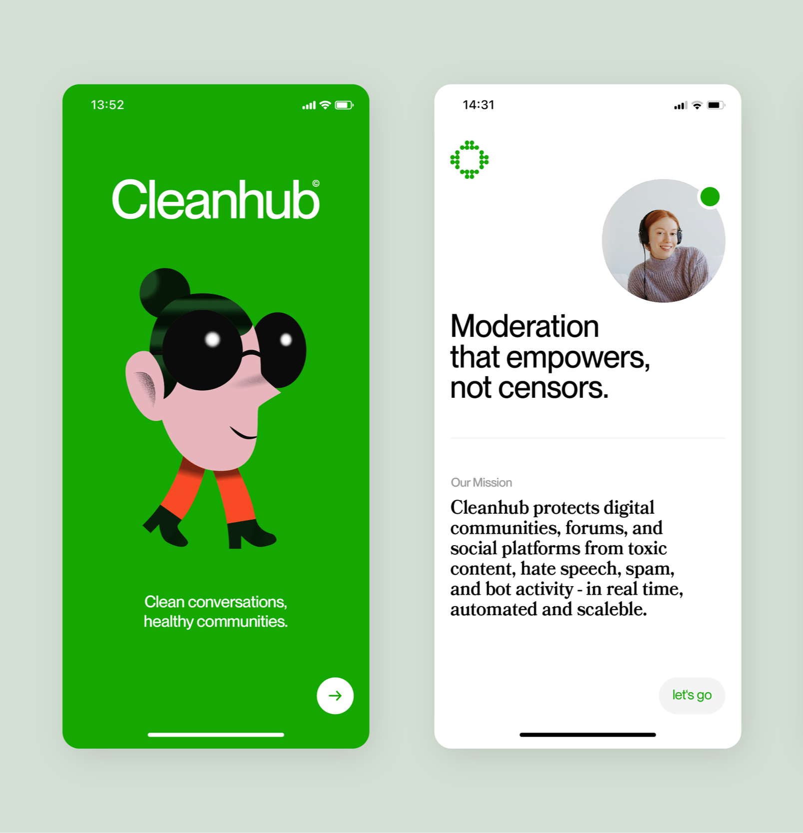 Screenshots der App-Startseite und der Profilseite von Cleanhub mit Informationen zum Schutz digitaler Gemeinschaften und gegen toxische Inhalte.
