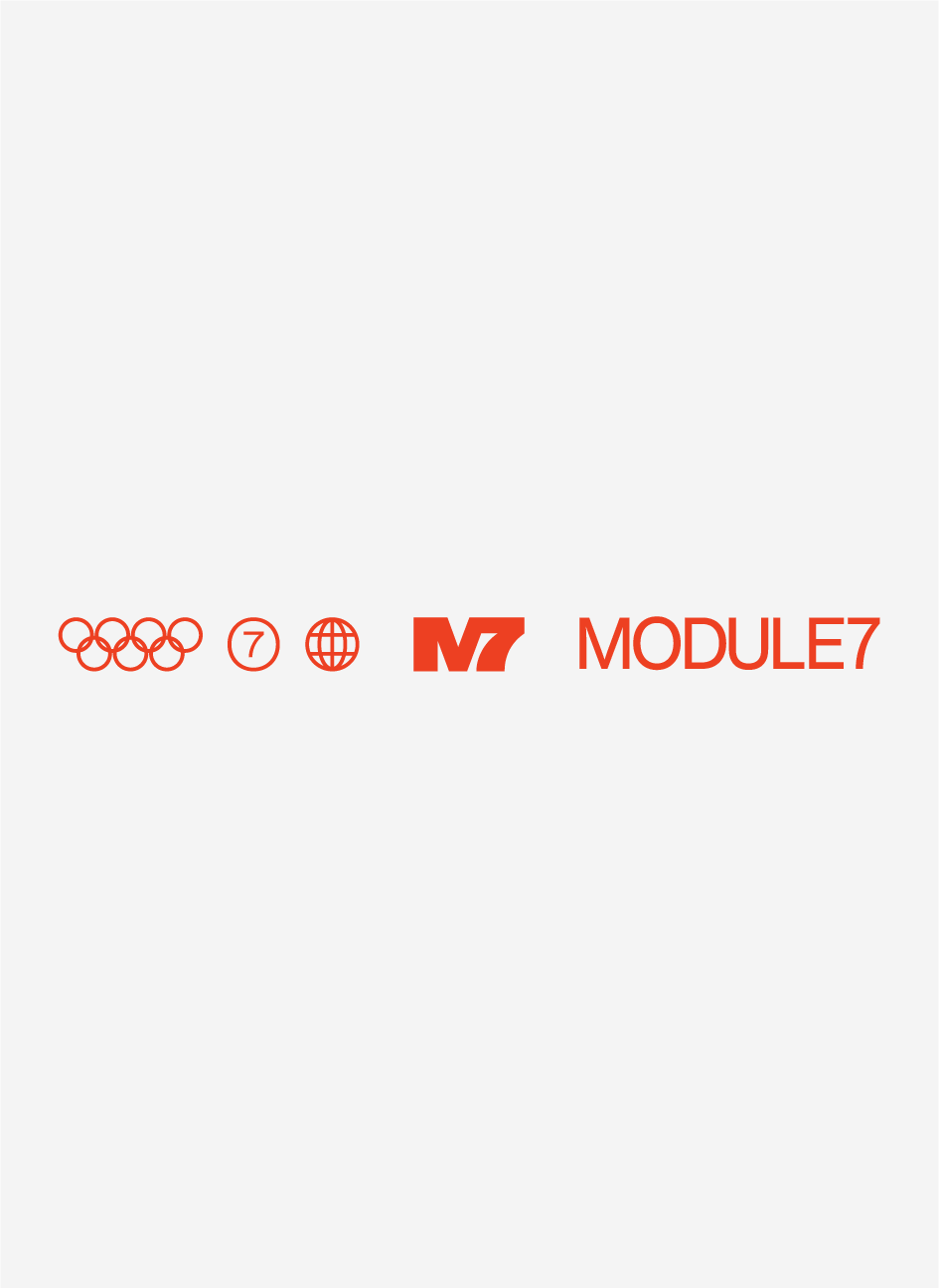 Logo mit fünf olympischen Ringen, die Zahl 7, ein Globussymbol, ein stilisiertes 'M' und das Wort 'MODULE7' in roter Farbe.