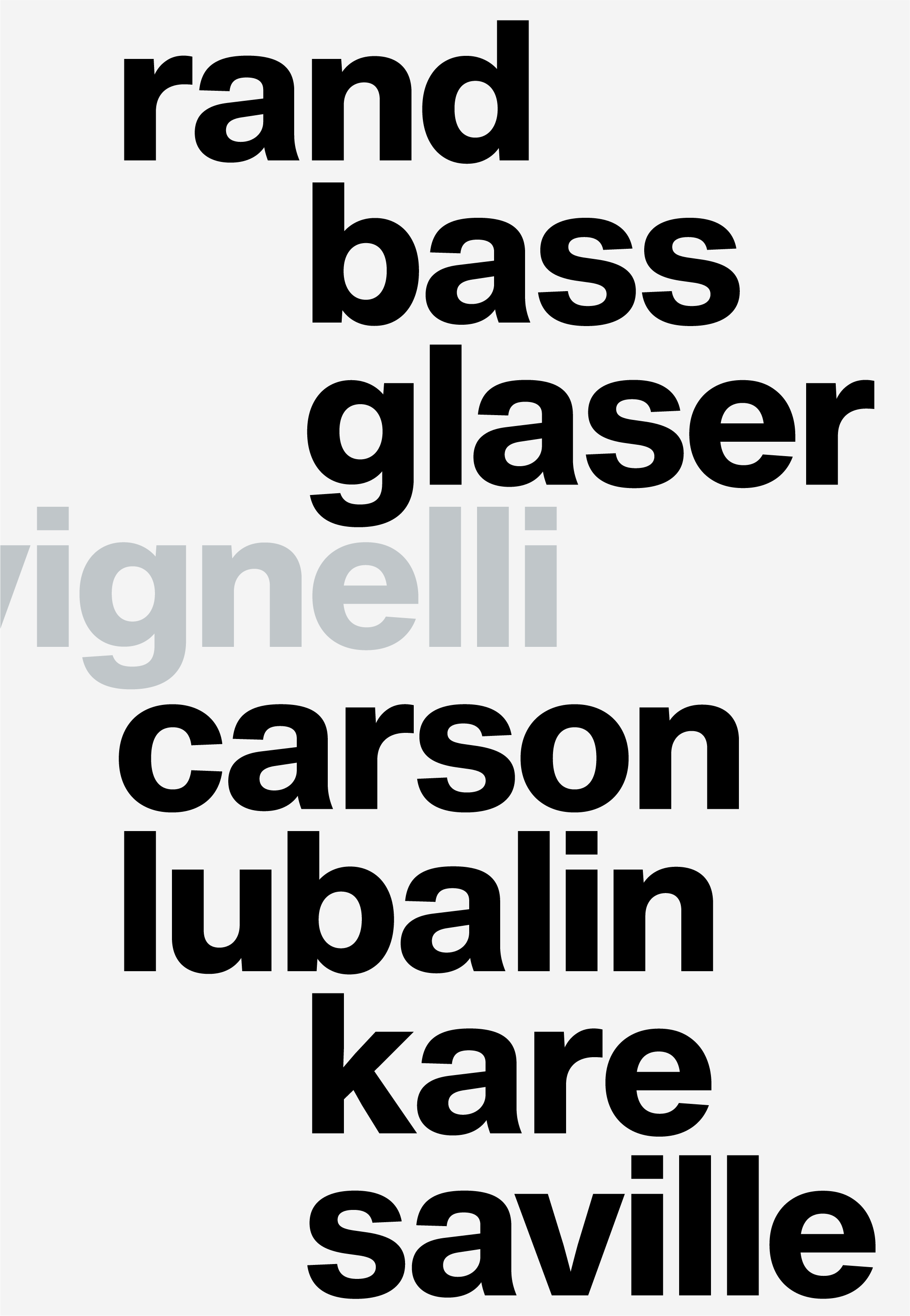 Wörter in deutschen und englischen Sprachen, darunter 'rand', 'bass', 'glaser', 'ignelli', 'carson', 'tubalin', 'kare', 'saville'.