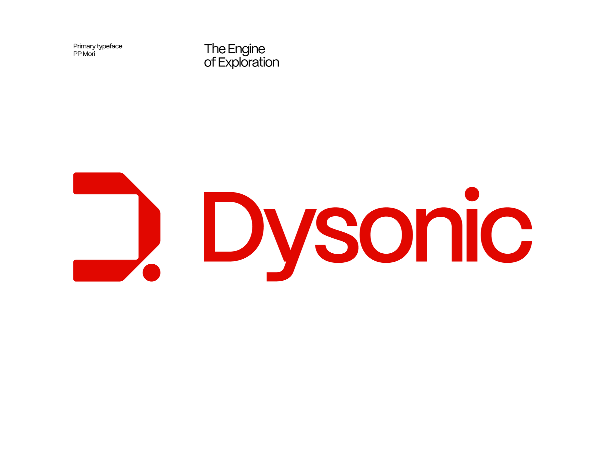 Das Bild zeigt das Logo von Dyson, bestehend aus einem roten Symbol und dem Markennamen in roter Schrift, darunter ein Textabschnitt mit schwarzer Schrift, der von 'The Engine of Exploration' spricht.