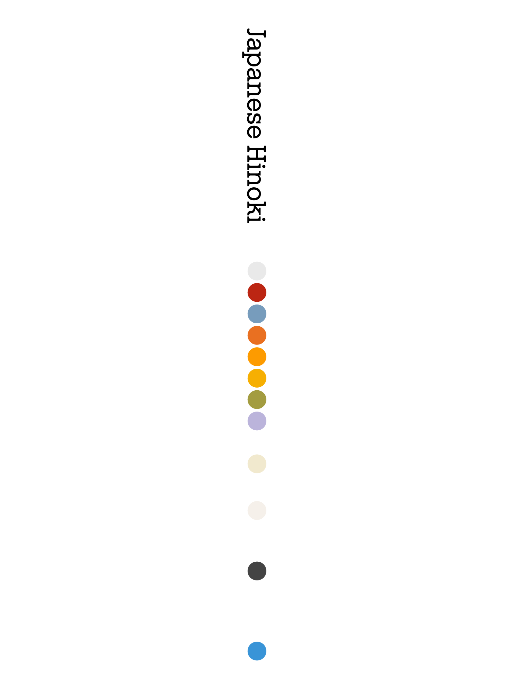 Das Bild zeigt eine vertikal angeordnete Farbpalette mit verschiedenen Kreisen in den Farben Grau, Dunkelrot, Hellblau, Orange, Hellgelb, Olivgrün, Lila, Beigetönen, Schwarz und Blau.