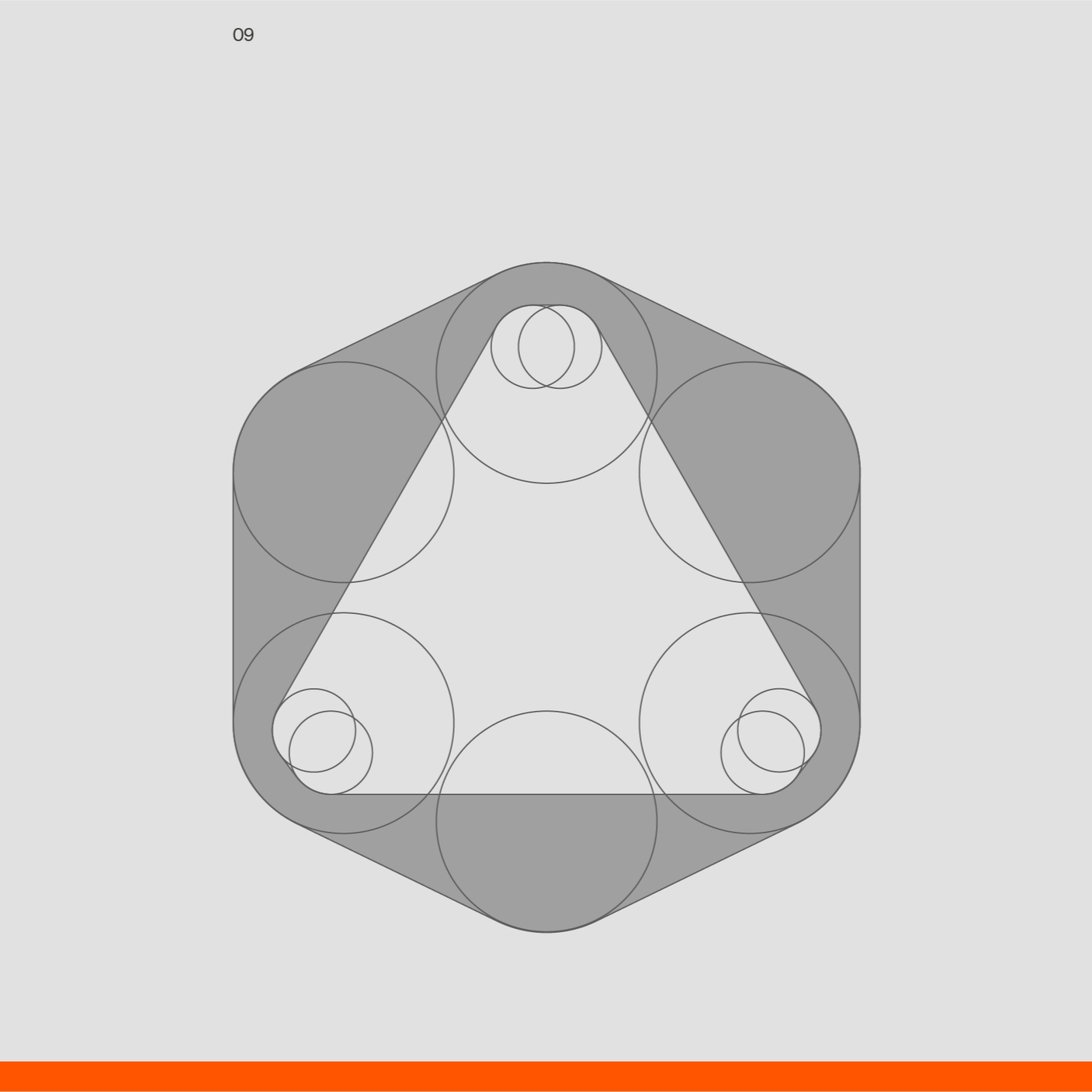 Skizze eines geometrischen Objekts mit Kreisen, Linien und verschiedenen Schattierungen in Grautönen auf grauem Hintergrund.