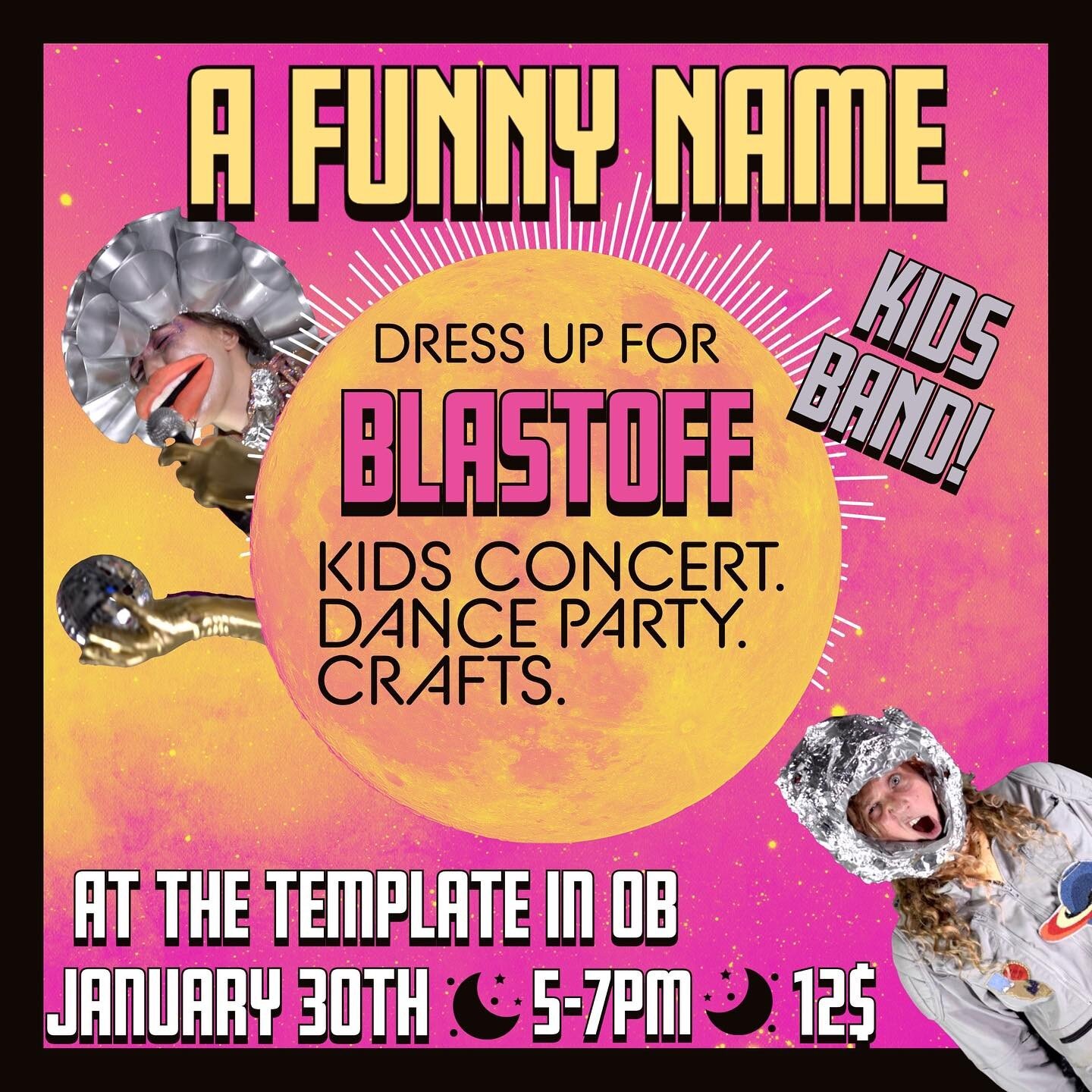 A Funny Name is back! Come join the band as we blast off to space! An event for the whole family! Kids concert, activities, and space themed party to celebrate the release our new music video! Sunday, January 30th from 5-7pm at the Templete in Ocean 