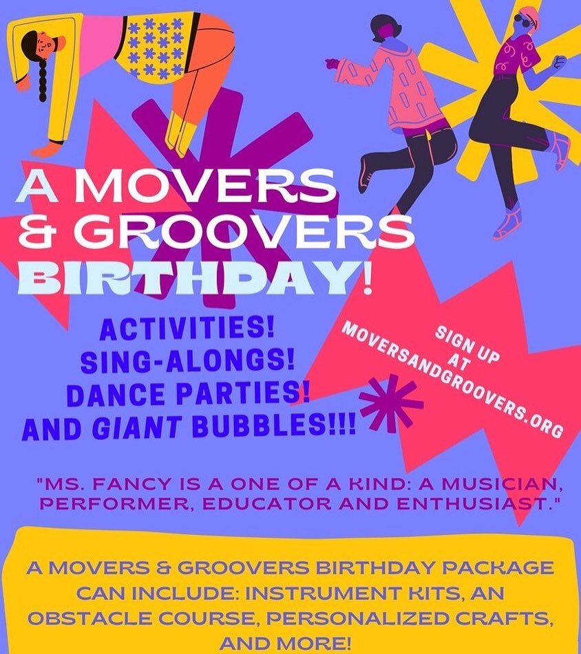 Movers and grooved birthday parties are certainly one of a kind! Jam packed with music, dancing, games and activities that are guaranteed to engage and delight the whole party! Best suited for ages 1-7! Have movers and groovers at your next birthday 