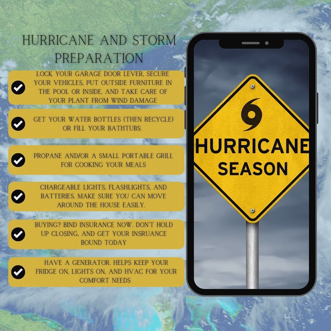 Hurricane and storm prep is a big thing, especially for new Floridians (even though us locals call them parties 😅🌬️🌧️). 

Damage is a real thing, and, whether you own now, rent, or are under contract to buy, here&rsquo;s a couple quick tips to kee