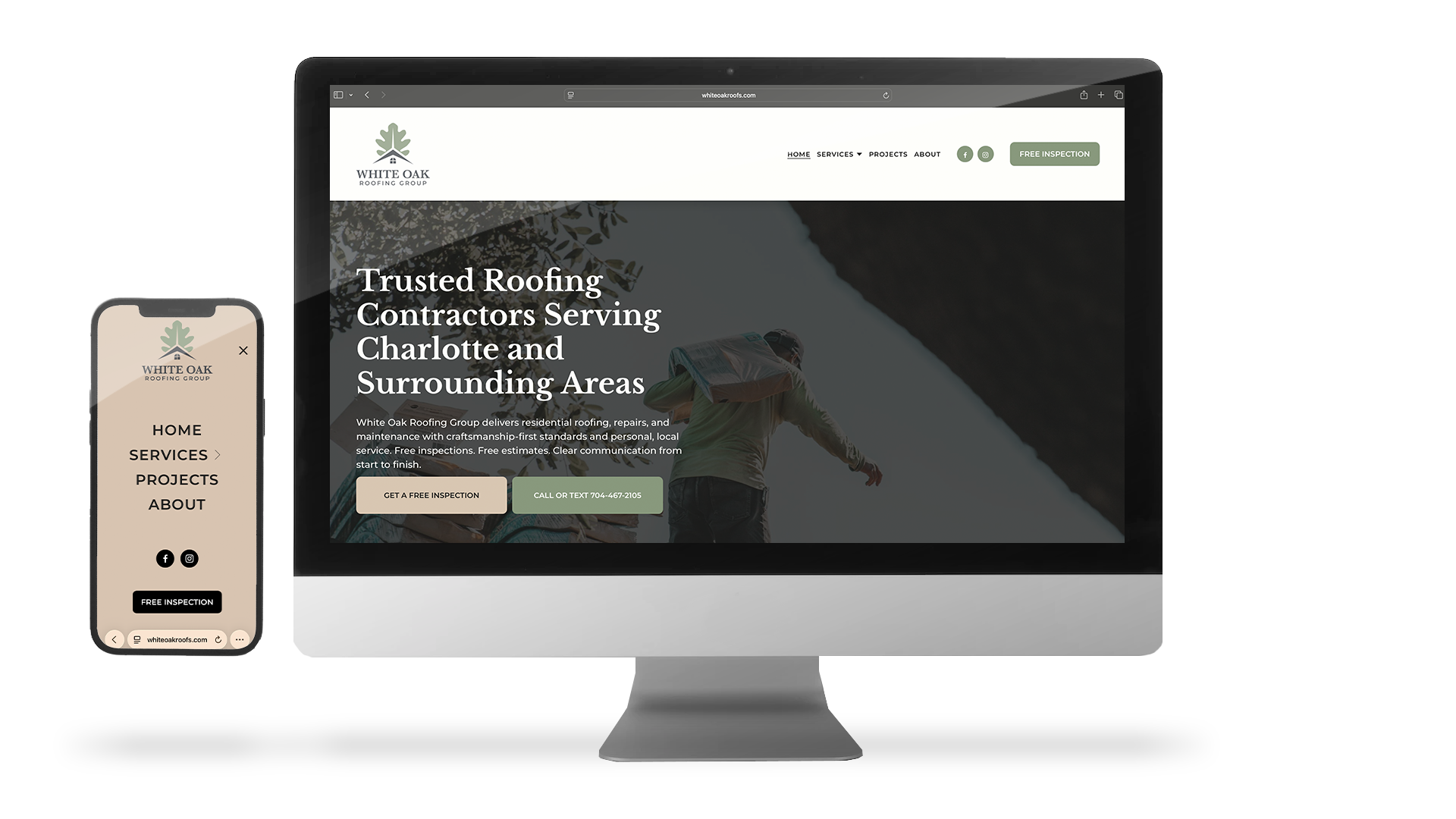 A desktop computer and a mobile phone displaying the website for White Oak Roofing Group, a roofing contractor based in Charlotte. The website features a logo with a tree and a house, with navigation options for Home, Services, Projects, and About. The main text highlights trustworthiness and craftsmanship in roofing, with call-to-action buttons for free inspection and contact.