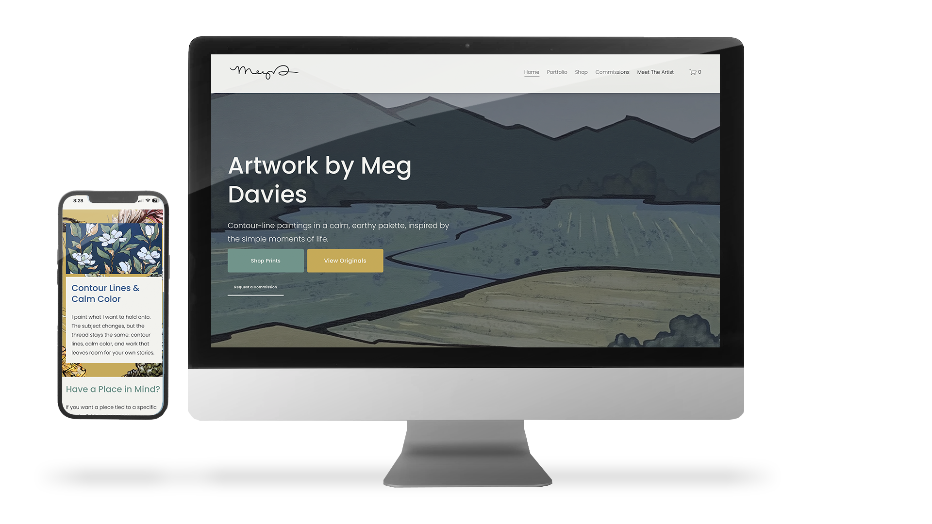 Computer and smartphone screens displaying an artist's website featuring landscape paintings with earthy tones, with navigation options like Home, Portfolio, Shop, Commissions, Meet the Artist, and shopping cart icons.