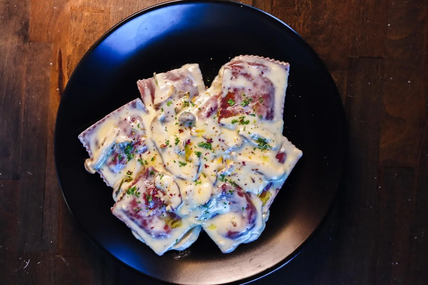 Erie Homecoming Weekend Specials 🐅

Soup du Jour: 
Pozole
gluten free 
pork &amp; hominy soup with cabbage, radish, cilantro, tortilla strips, and lime 

Entree Special: 
Eggplant Parmesan Ravioli (pictured)
vegetarian 
eggplant parmesan ravioli ser
