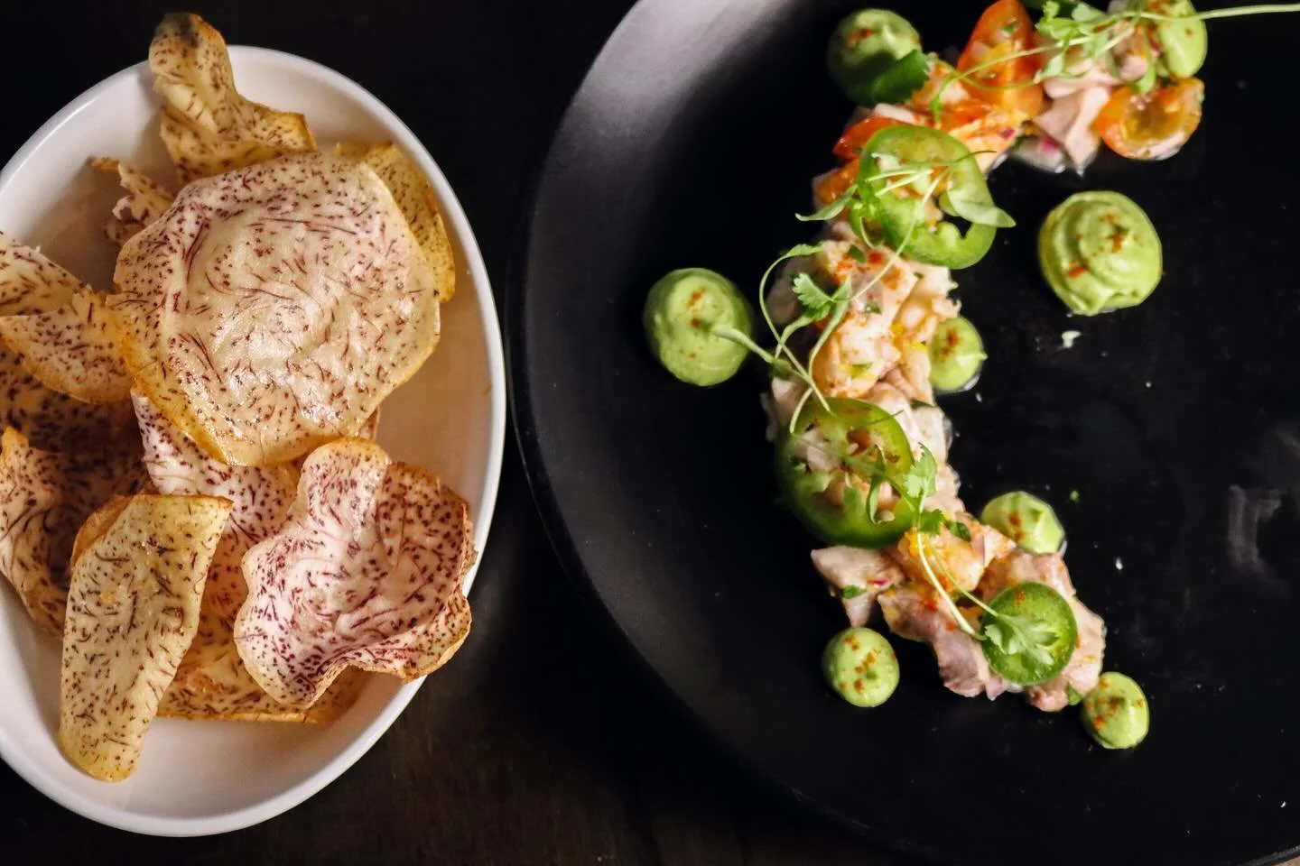 Happy October! Here are this weekend specials: 

Soup du Jour: Green Pumpkin Soup 
gluten free 

Chef Special: Stripped Bass &amp; Shrimp Ceviche (pictured) 
gluten free 
stripped bass, shrimp, blood orange jalapeno, taro chips, avocado cream

Desser