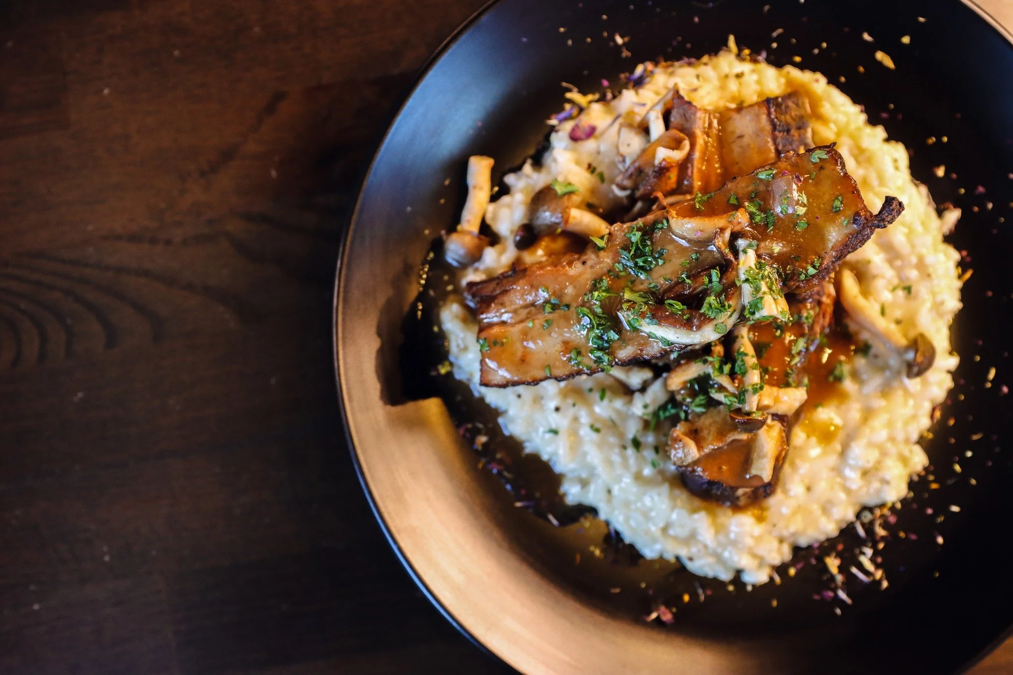 INTRODUCING: BRAISED PORK BELLY RISOTTO 
gluten free, nut-free
slow braised pork belly with creamy parmesan risotto and mushrooms

This new menu item is a Chef Hugo creation &amp; is a delicious choice for dinner! Come try it out!