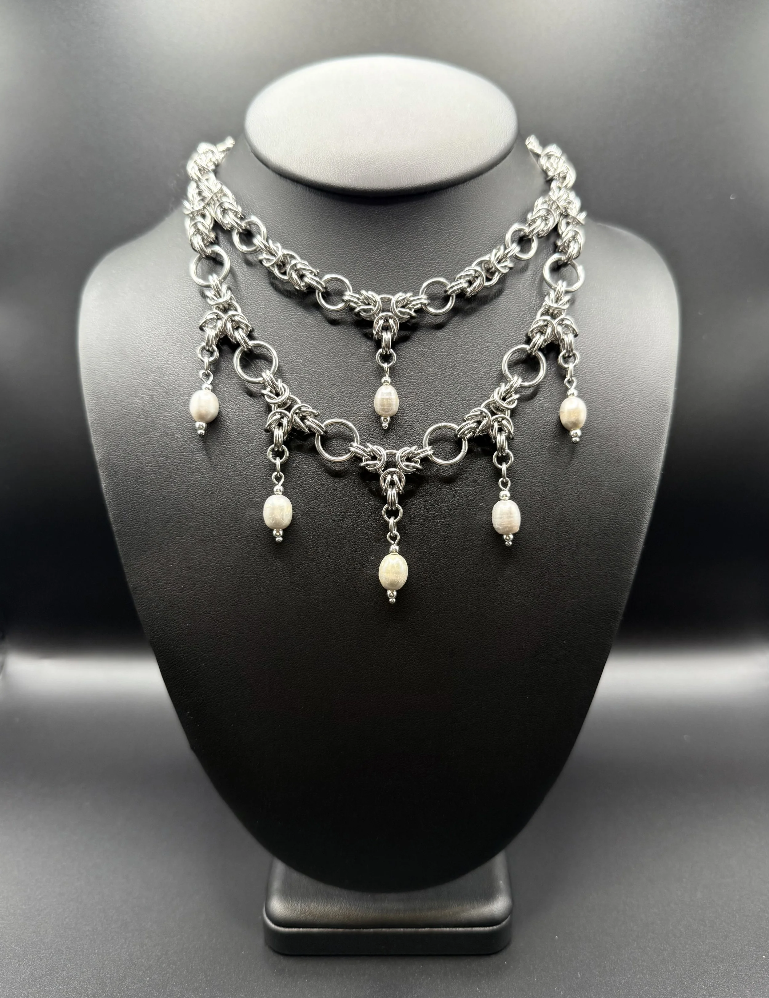 Stainless Steel Byzantine & Pearls Necklace