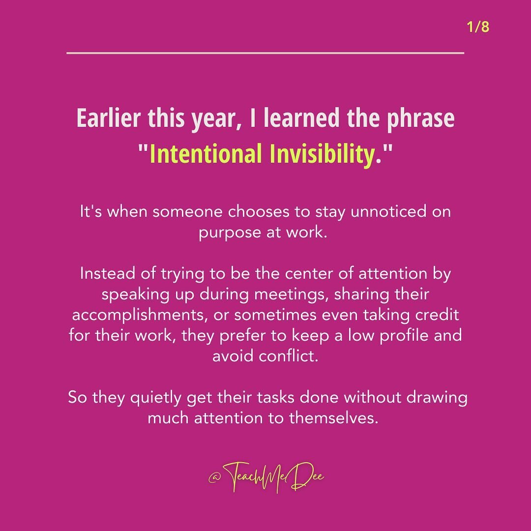 I&rsquo;ll be the first one to say protect your peace, by any means necessary esp when you realize your job is not a place that is conducive to your growth. 

A lot people, women especially lean into Intentional invisibility as a means of survival in