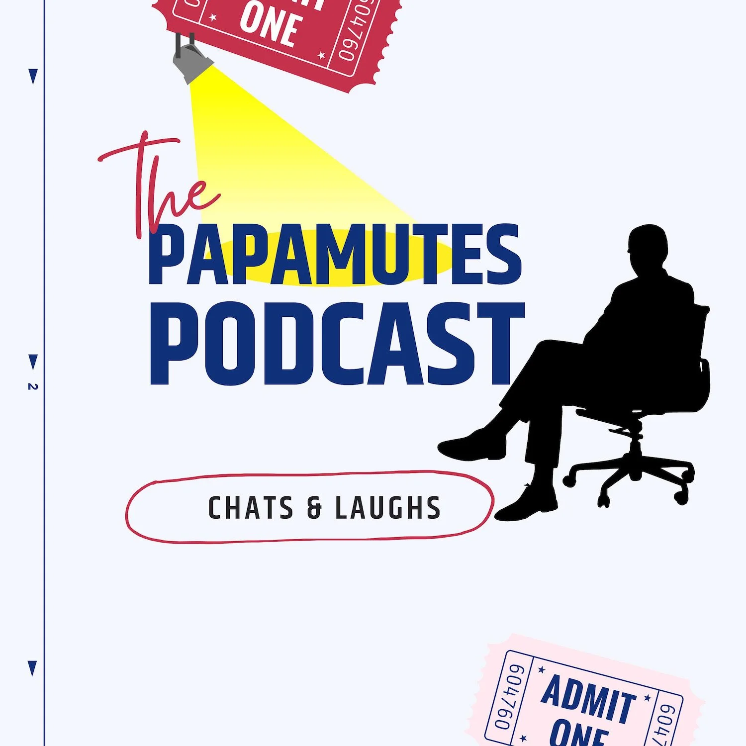 The Papamutes Podcast cover art "Chats & Laughs" with a man sitting in a desk chair.