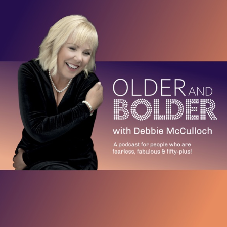Older and Bolder Podcast artwork with Debbie McCulloch in a black top with pearl necklace against an orange and purple gradient background.