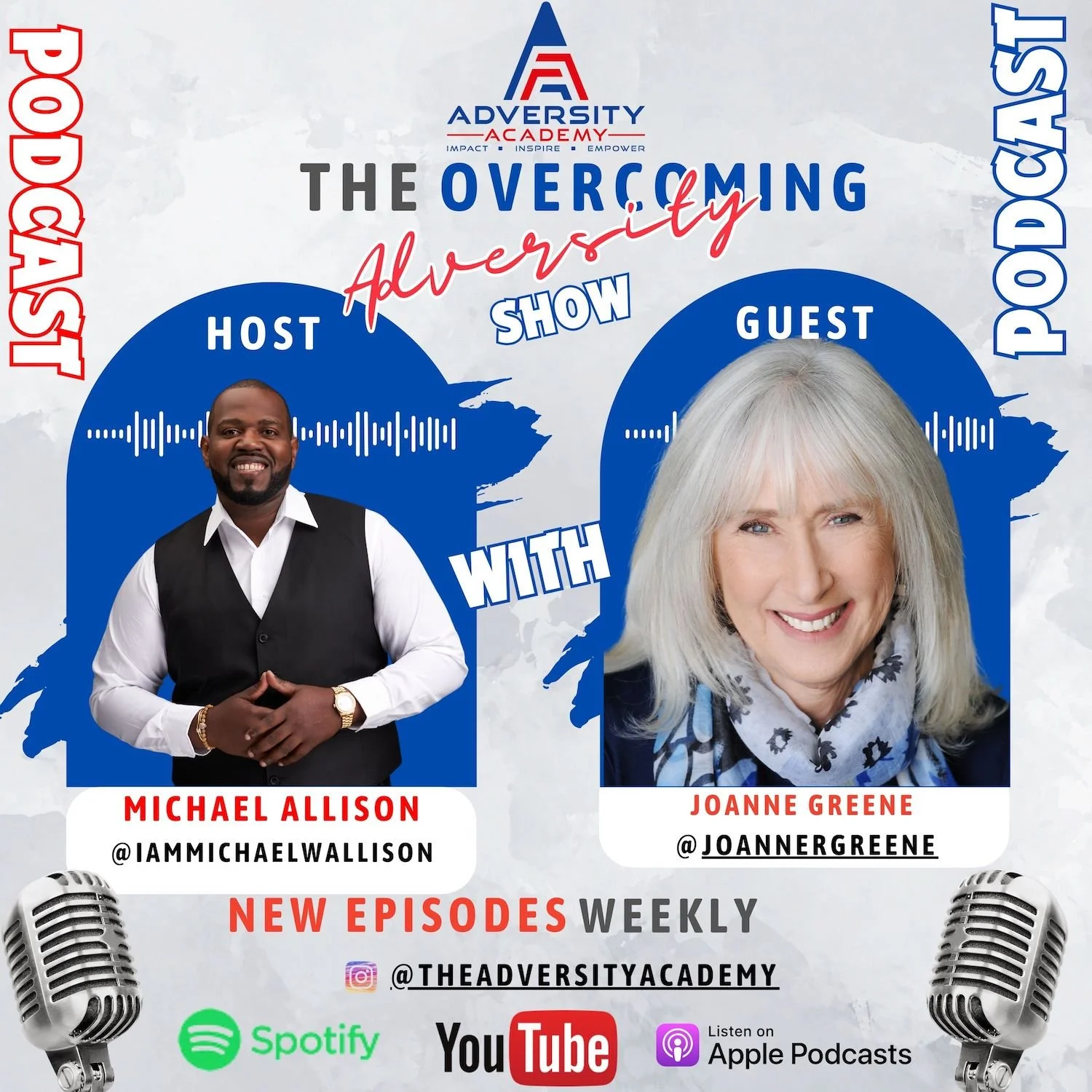The Overcoming Adversity podcast cover art featuring Michael Allison and Joanne Greene.