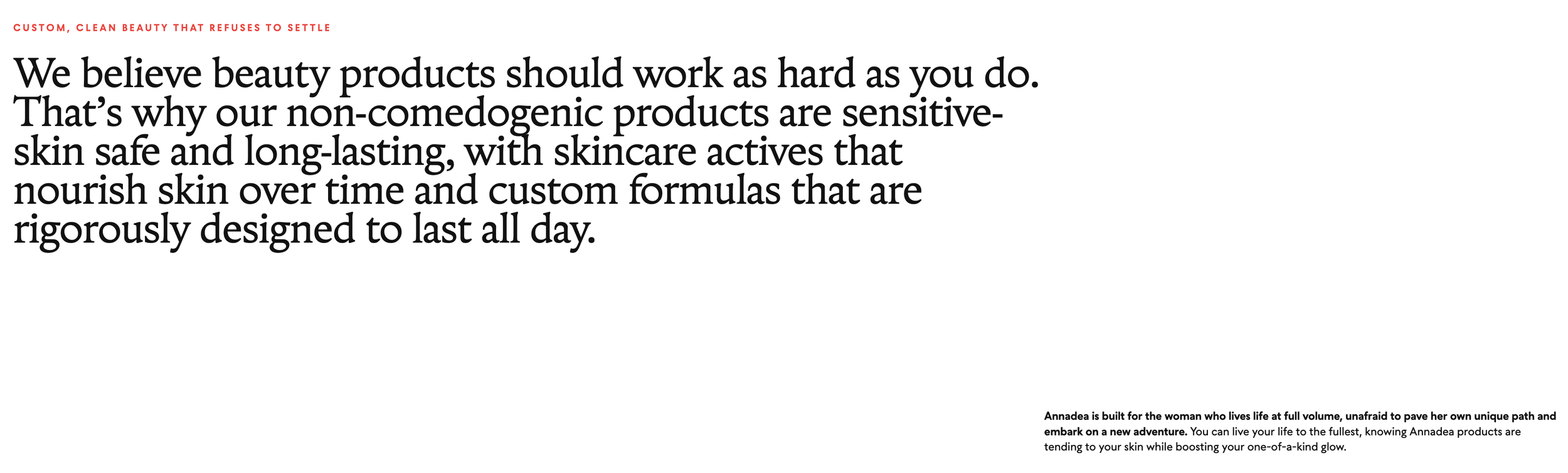 Marketing webpage with bold text promoting non-comedogenic skincare products, featuring a red tagline at the top and smaller description at the bottom.