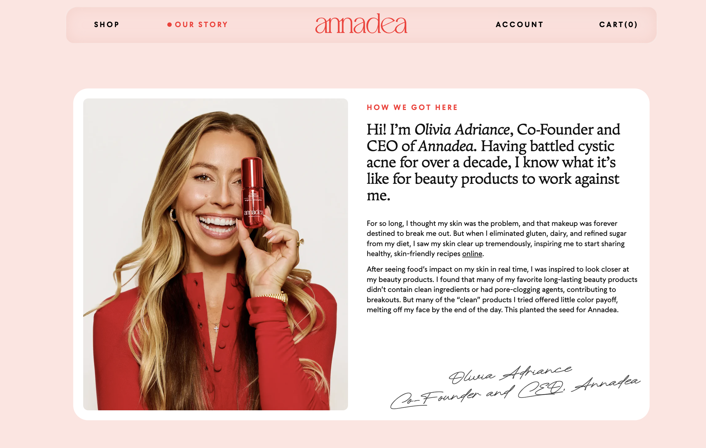 A woman with long blonde hair holding a red skincare product in front of her face, smiling, wearing a red top and a gold watch, with a pink background and website content about skincare and beauty products.