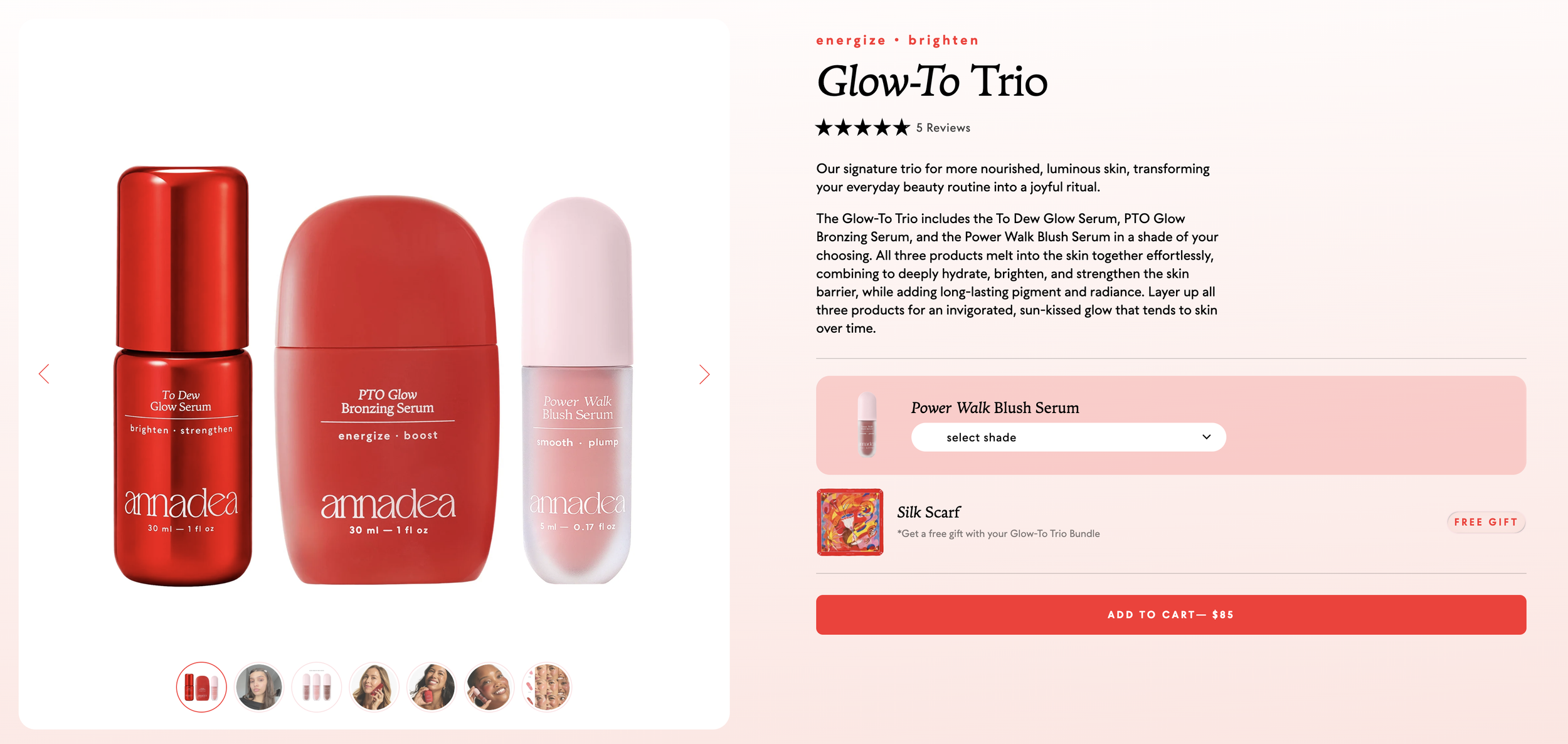 Product display of skincare bottles in red, pink, and white on a website selling beauty products.