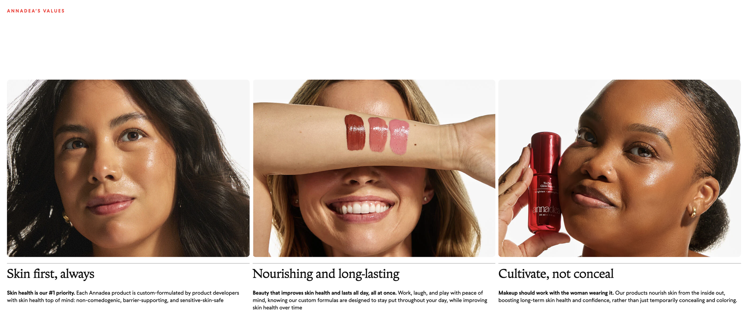 Three women with different skin tones demonstrating beauty product values. The first woman has dark hair, the second has light hair and shows lipstick swatches on her arm, the third has dark skin and is holding a red bottle of skincare product.