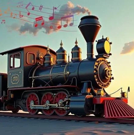 Image of a steam train engine with musical notes coming from its smoke stack.