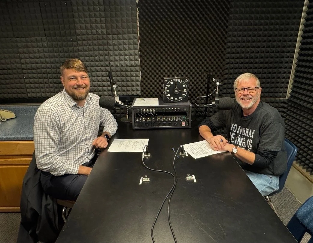 Skagit County Assessor Danny Hagen in KSVR studios with David Johnson. 