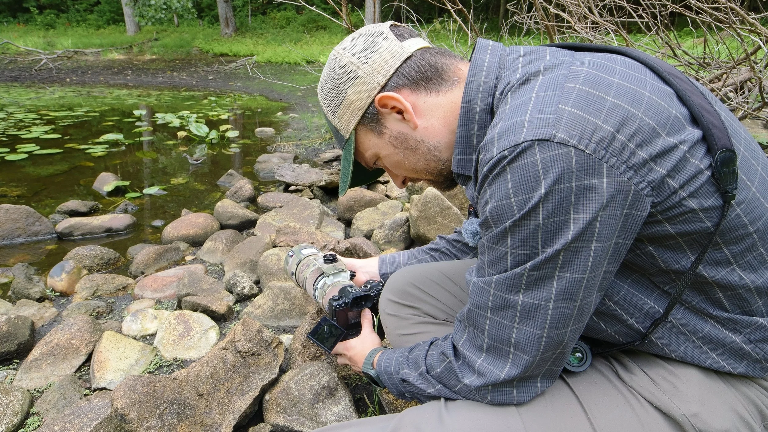Wildlife photographer sits along the banks of a pond to photograph a sandpiper.