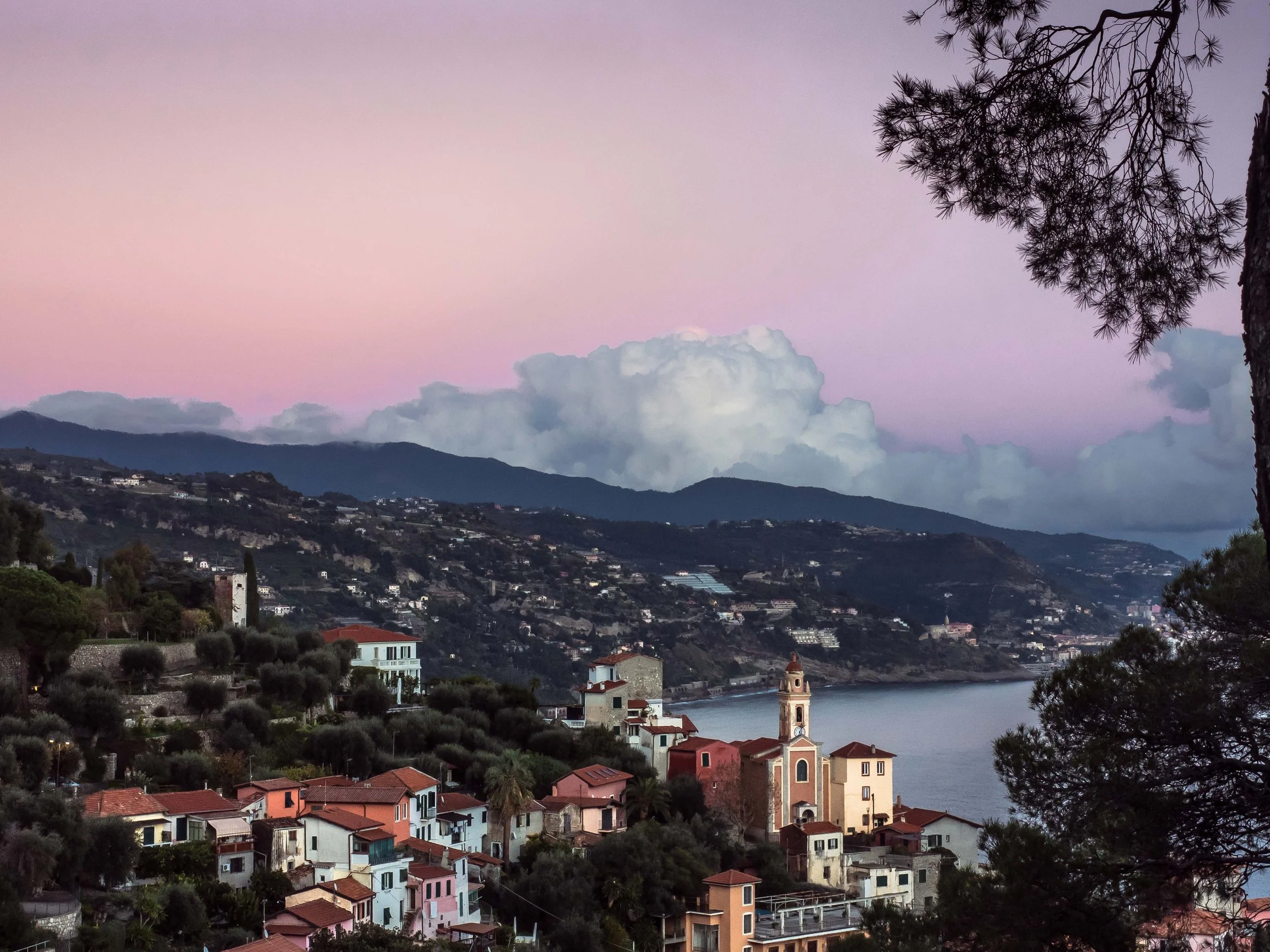Italy • Italian Riviera • La Mortola • Village view at dusk • Nov 2018