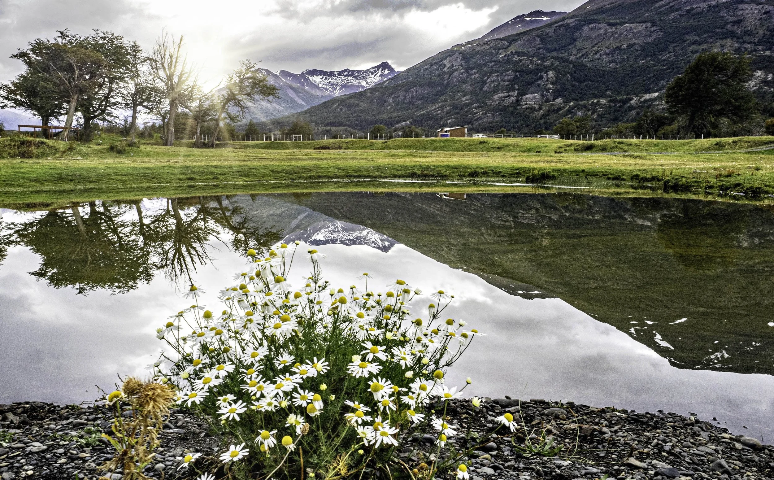 Chile • Ranch near glaciers, reflections in pond at sunset • Mar 26, 2024