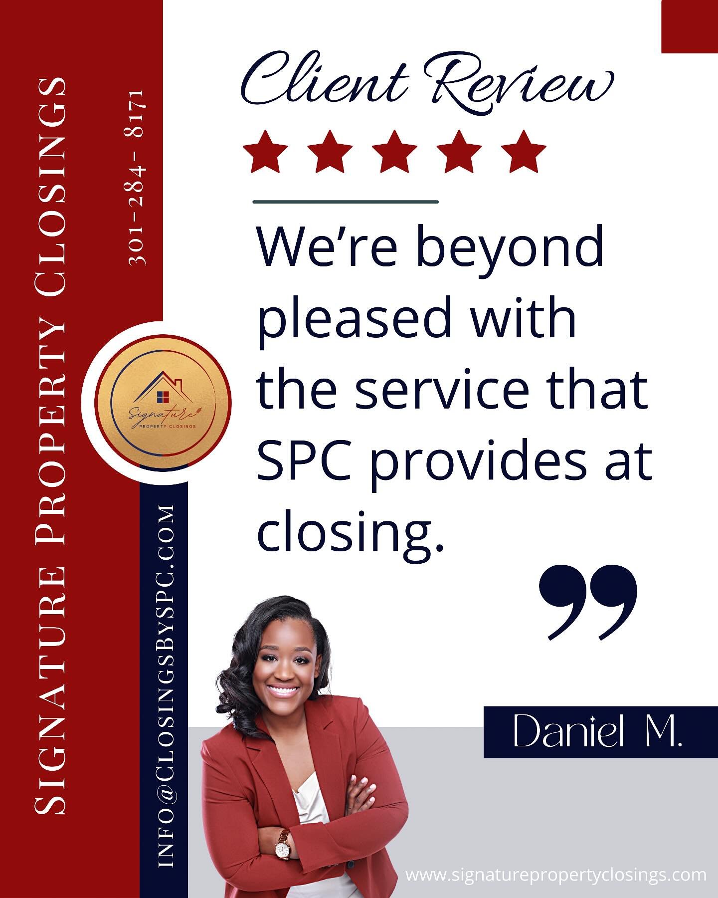 SPC Client Review✨

Closings By Signature Property Closings

&ldquo;It&rsquo;s not just a closing, it&rsquo;s an experience!&rdquo;

Interested in closing with SPC? Email us your ratified contract today! 

Signature Property Closings 
Serving DC, MD,