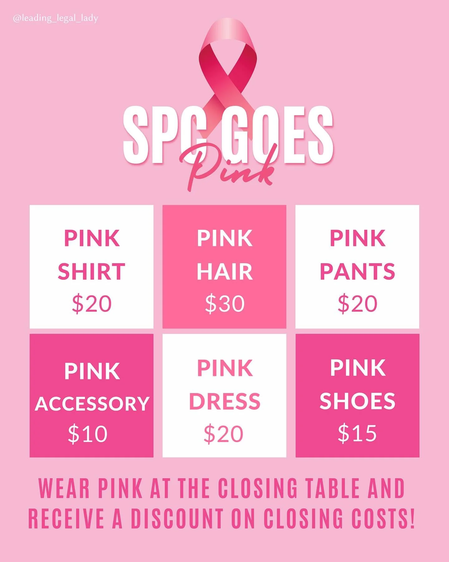 This October, we&rsquo;re making every closing extra special by turning our closing tables PINK in support of Breast Cancer Awareness Month. Here&rsquo;s your chance to make a difference and join the movement!

Choose from a pink dress, shirt, pants,